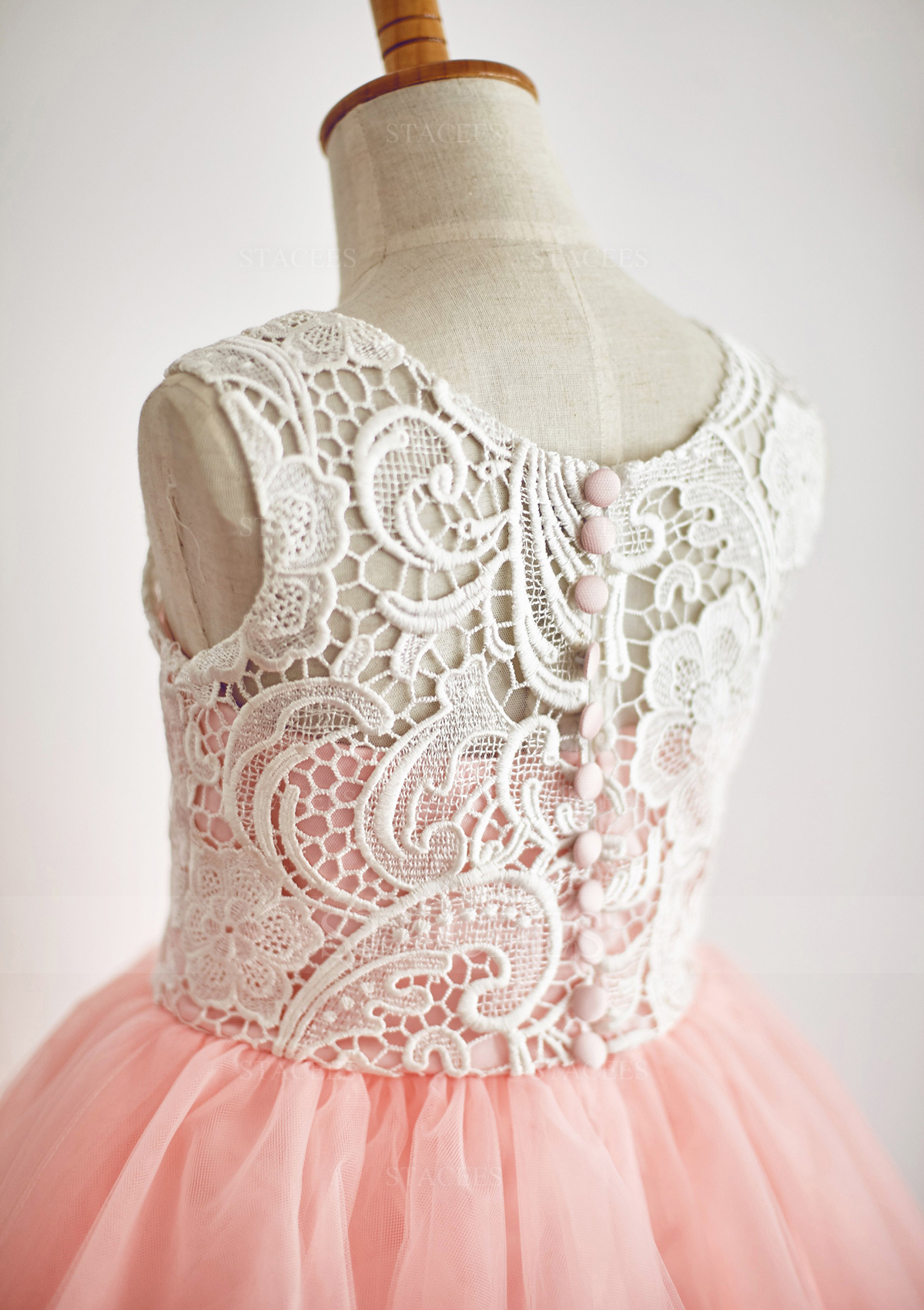 Blushing Pink Ball Gown Scoop Neck Ankle-Length Lace Tulle Flower Girl Dress - STACEES