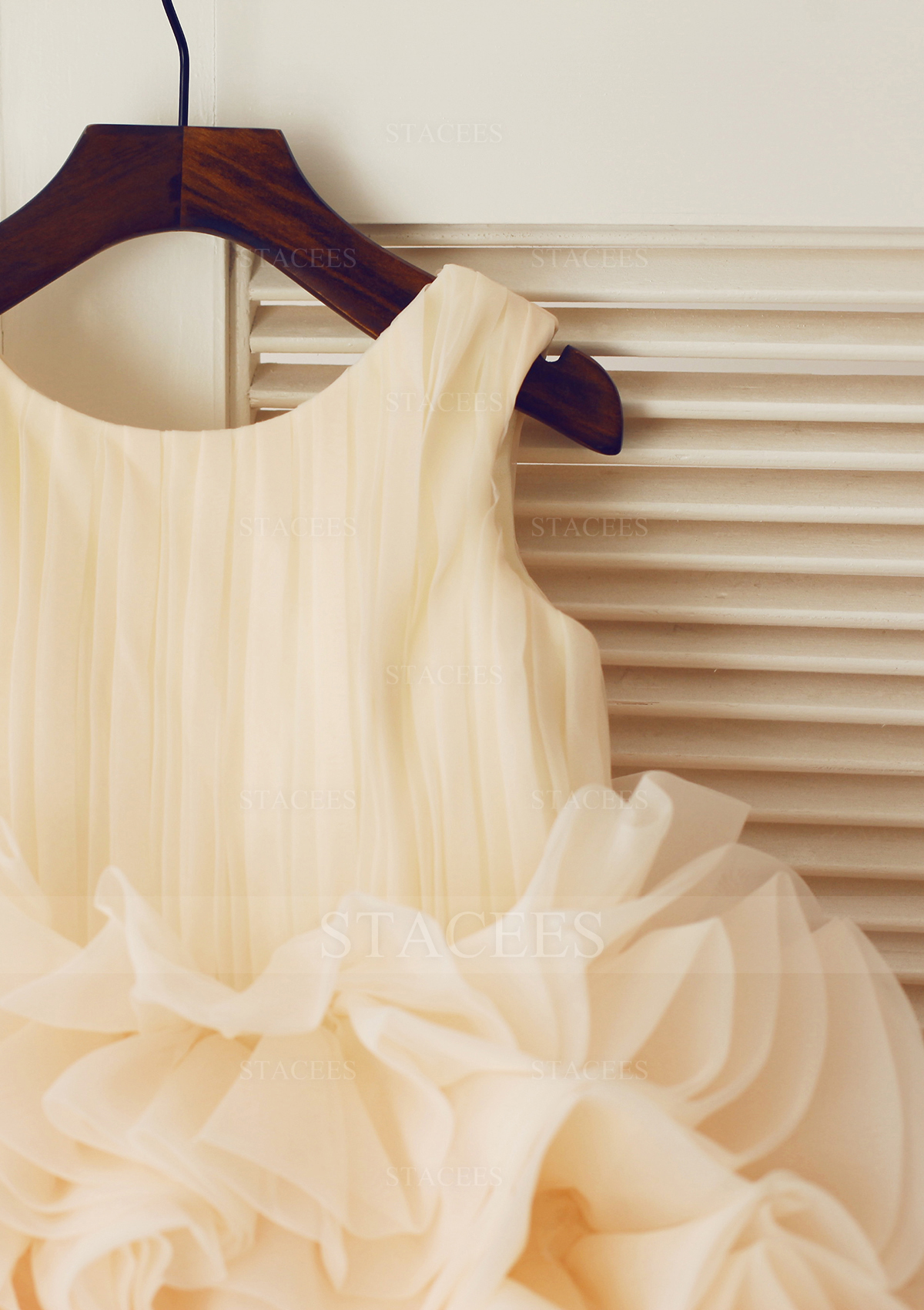 Champagne Ball Gown Scoop Neck Knee-Length Organza Wedding Party Dress With Ruffles - STACEES