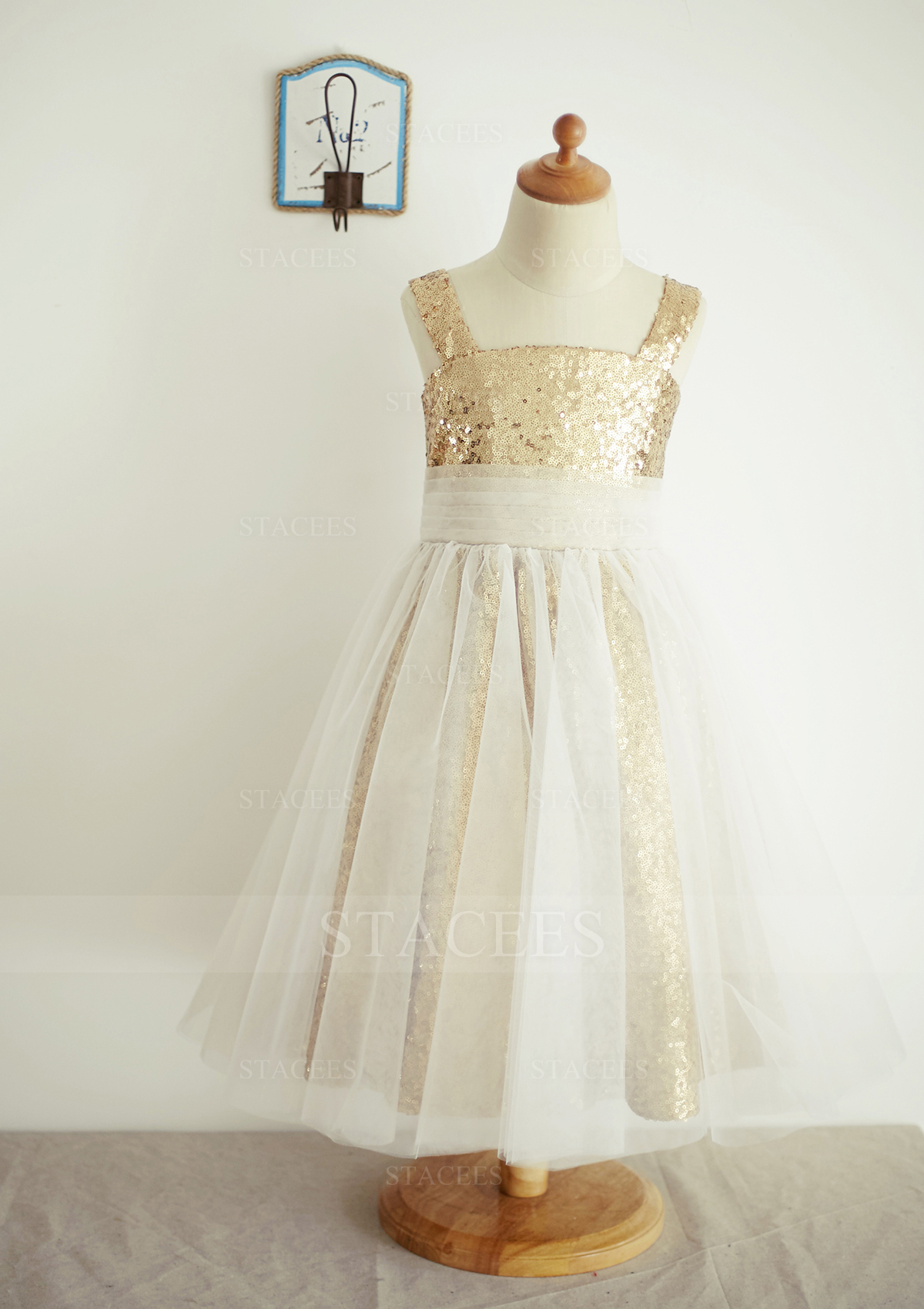 A-line/Princess Square Neckline Ankle-Length Tulle Sequined Flower Girl Dress