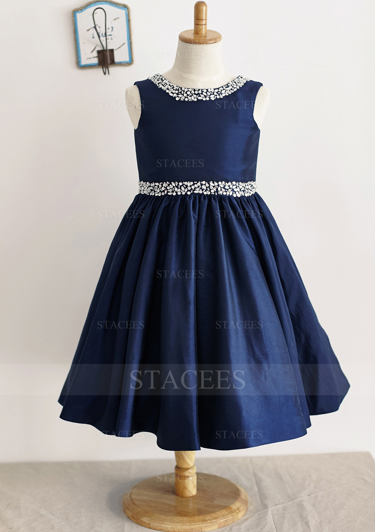 A-line/Princess Scoop Neck Ankle-Length Taffeta Wedding Party Dress With Rhinestone