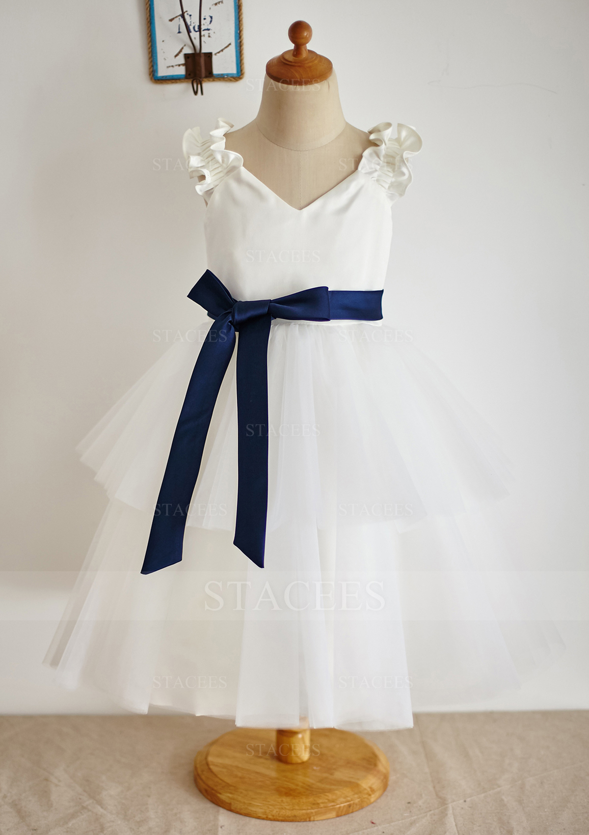 Blanc Trapèze/princesse col en v tulle longueur cheville robe de fille de fleur - STACEES