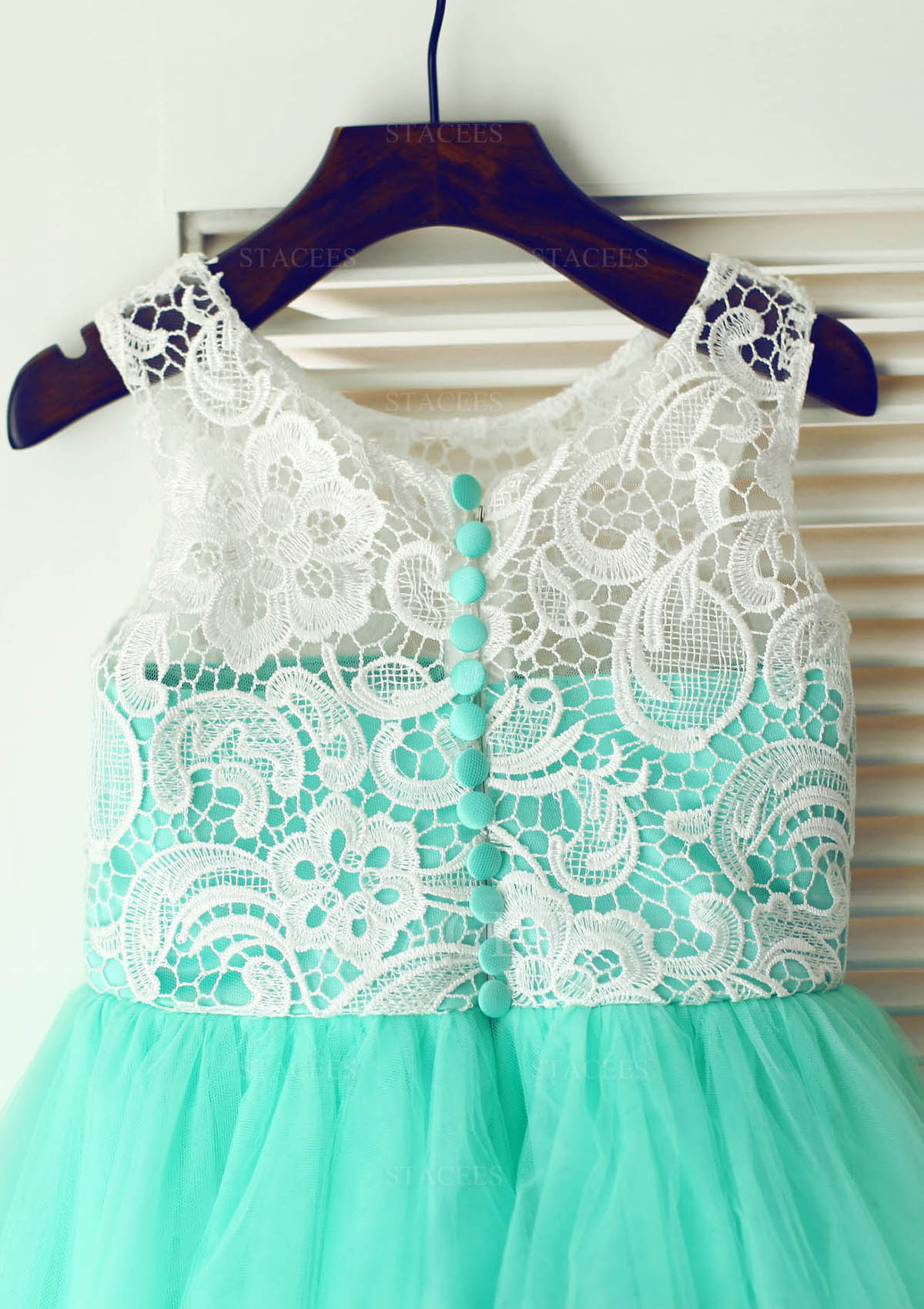 Turquoise Trapèze/Princesse scoop longueur genou dentelle tulle robe de fille de fleur avec dentelle - STACEES