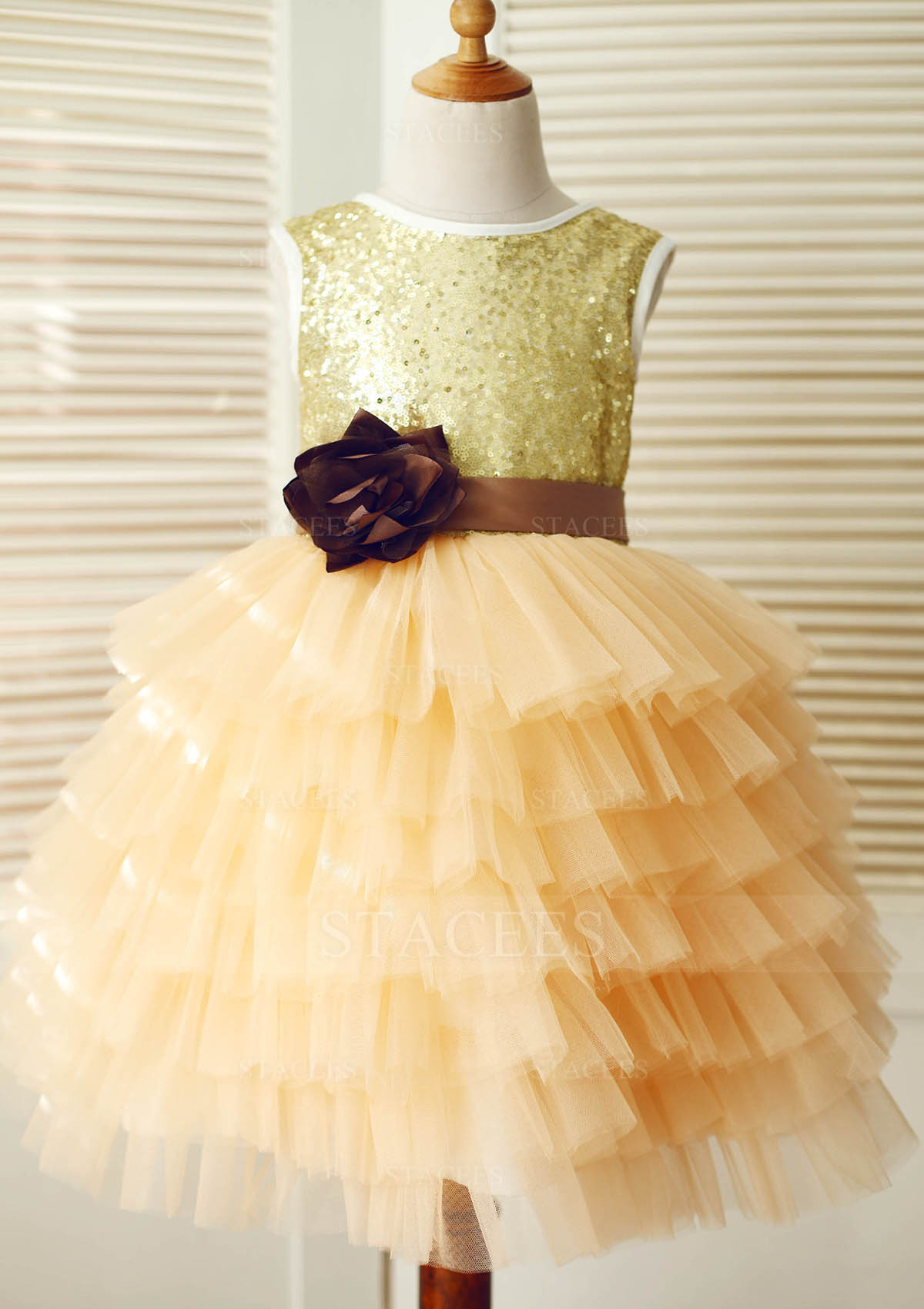 A-line/Princess Scoop Neck Asymmetrical Tulle Sequined Flower Girl Dress With Sashes