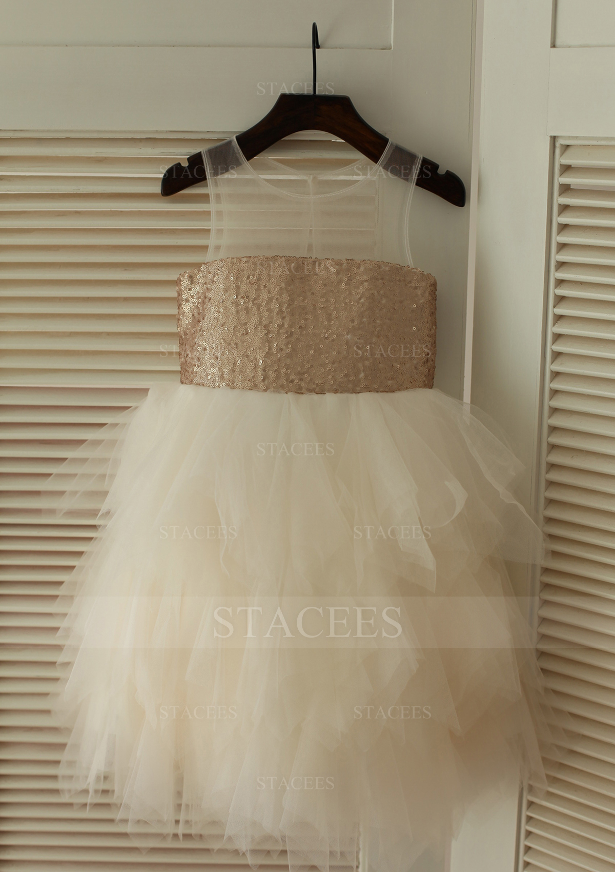 Marfil Vestido línea a/princesa escote ilusión tul lentejuelas hasta la rodilla vestido de pajecitas - STACEES
