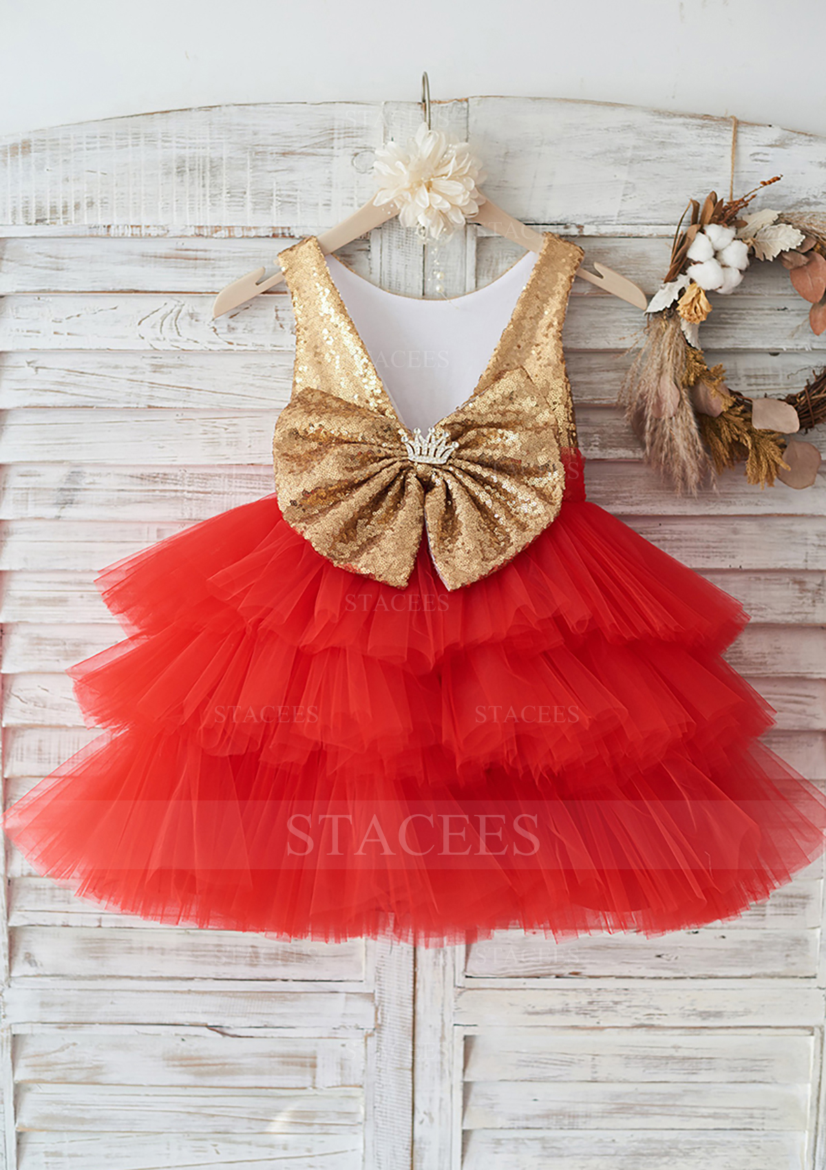 Red Ball Gown Scoop Neck Knee-Length Tulle Sequined Flower Girl Dress With Bowknot - STACEES