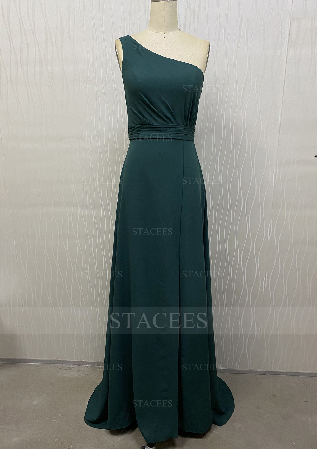 Vert Foncé Fourreau une epaule mousseline traine balayage robe de bal avec plisse - STACEES
