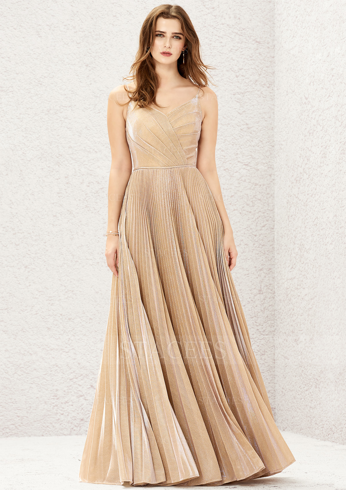 Champagne A-line Sweetheart Sleeveless Long/Floor-Length Jersey Bridesmaid Dress With Pleated - STACEES