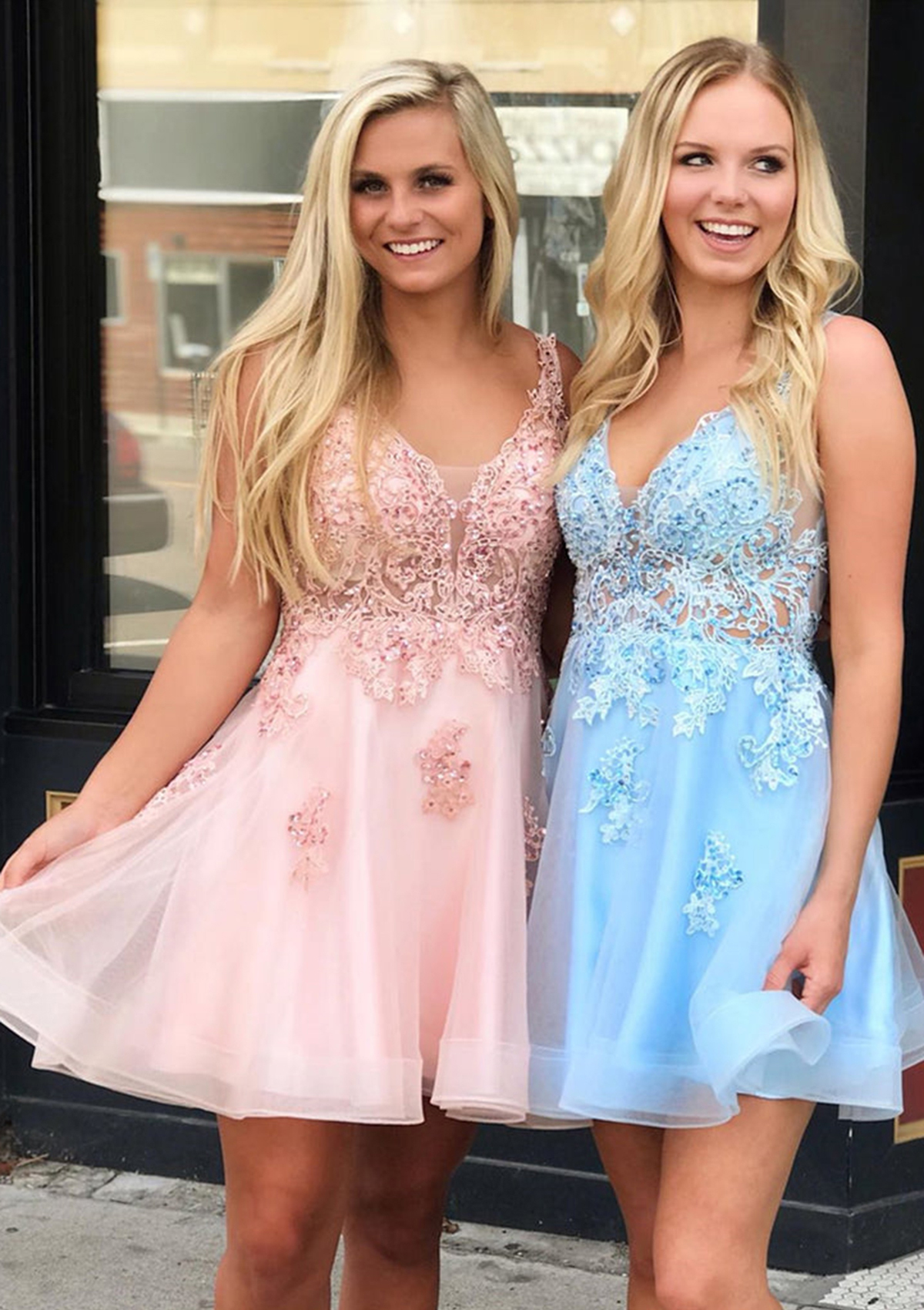 Pearl Pink A-line V Neck Sleeveless Organza Short/Mini Homecoming Dress With Beading Appliqued - STACEES