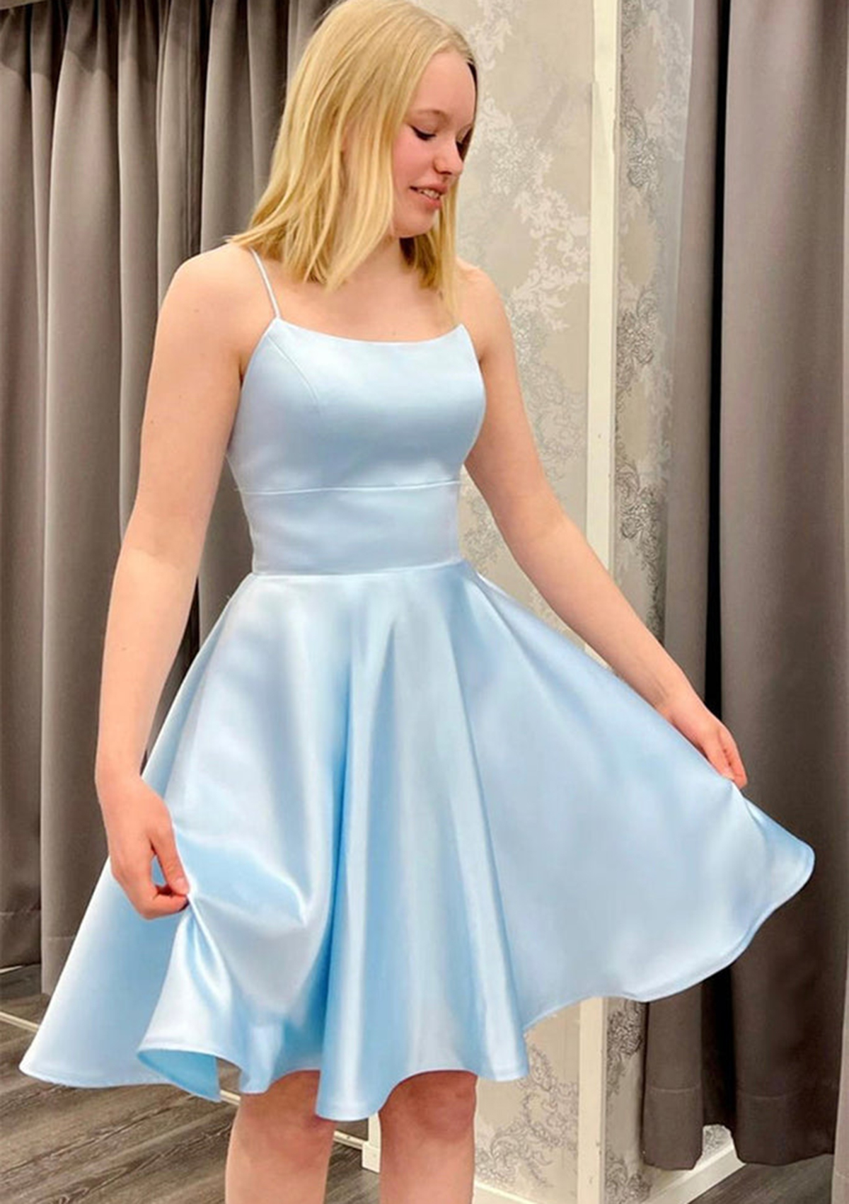 Light Blue A-line Square Neckline Sleeveless Satin Short/Mini Homecoming Dress - STACEES