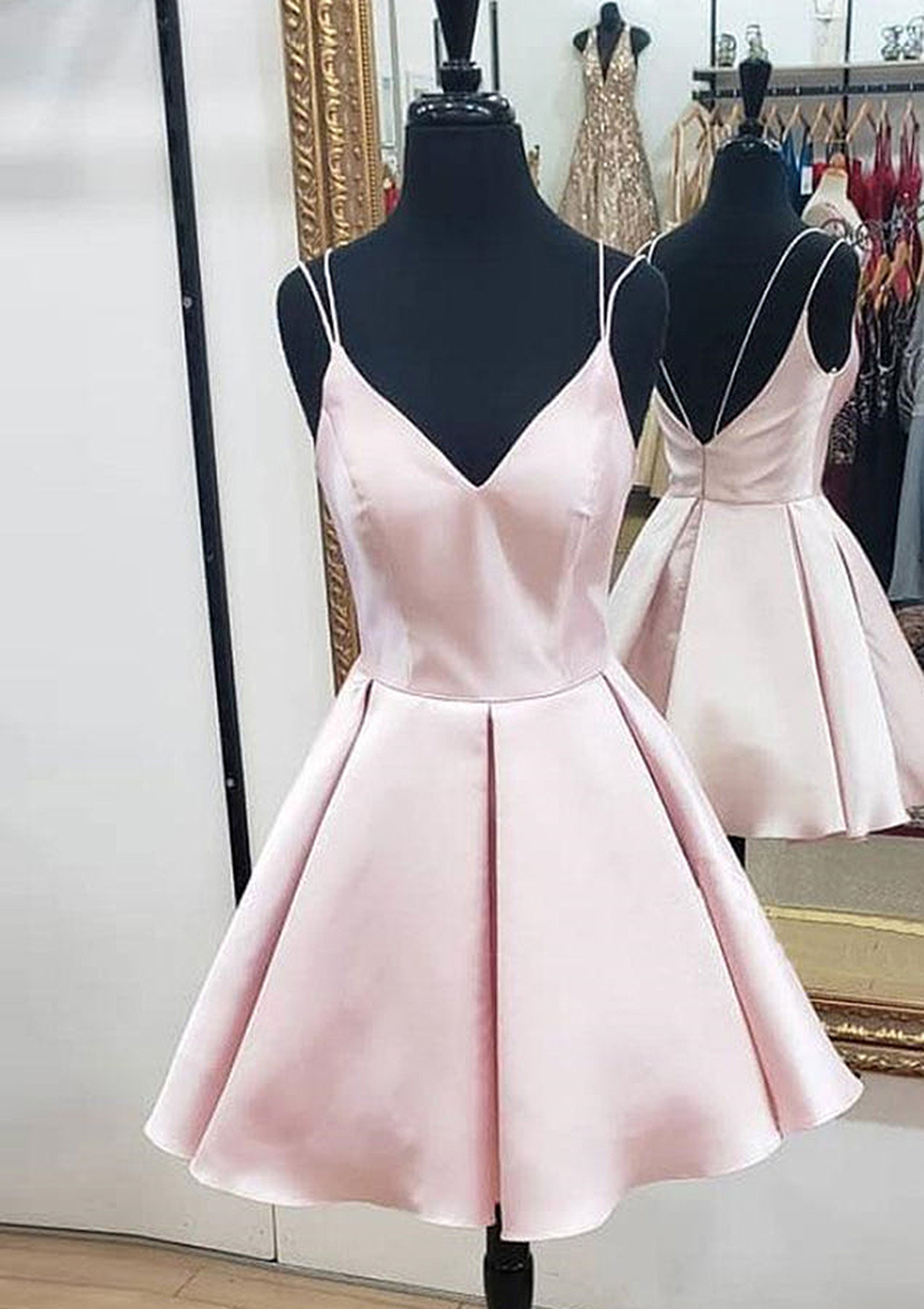 Pearl Pink A-line V Neck Sleeveless Satin Short/Mini Homecoming Dress With Ruffles - STACEES
