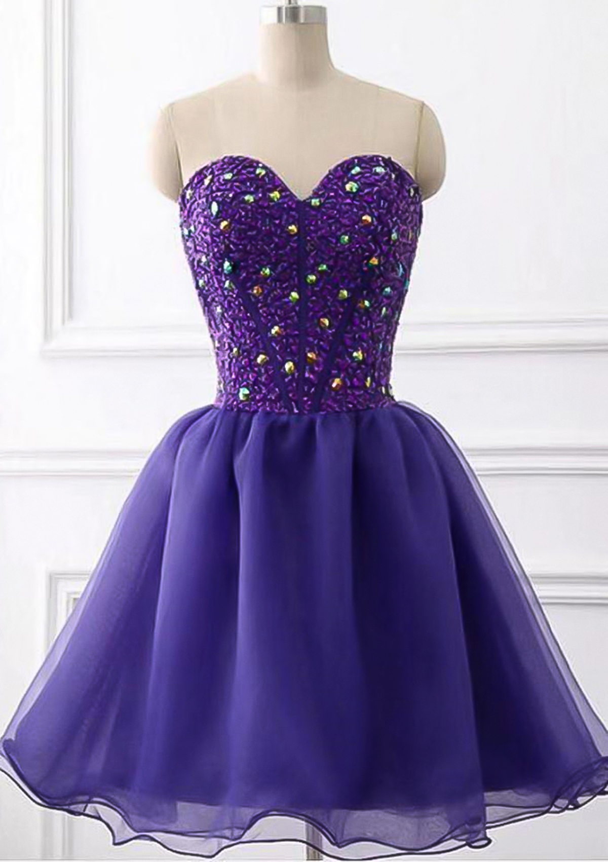 Regency A-line Sweetheart Sleeveless Tulle Short/Mini Homecoming Dress With Beading Rhinestone - STACEES