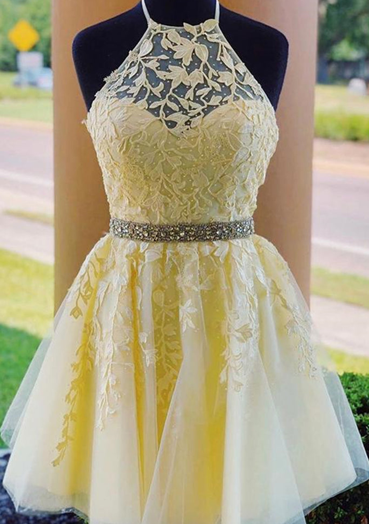 Yellow Beaded Lace Tulle A-line Halter Mini Homecoming Dress - STACEES