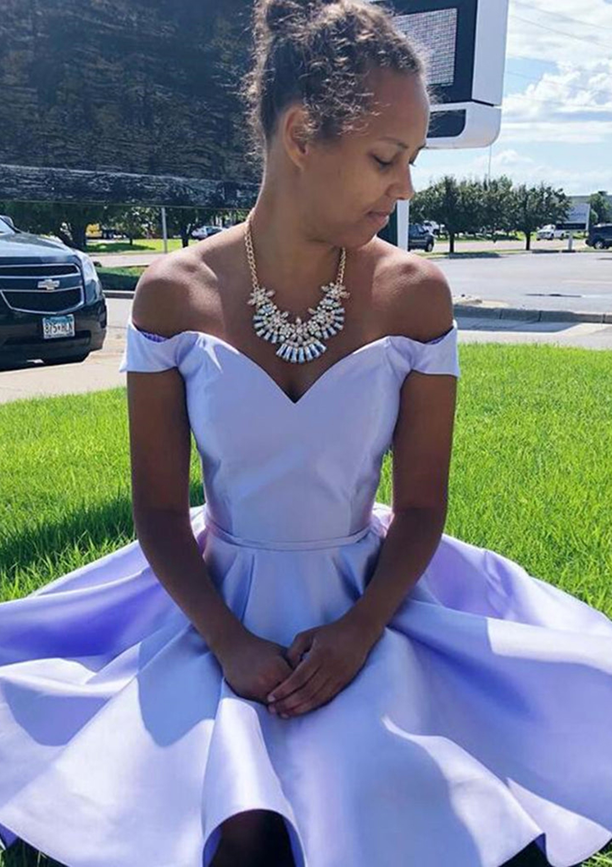 Lavender A-line Off-the-Shoulder Sleeveless Charmeuse Short/Mini Homecoming Dress - STACEES
