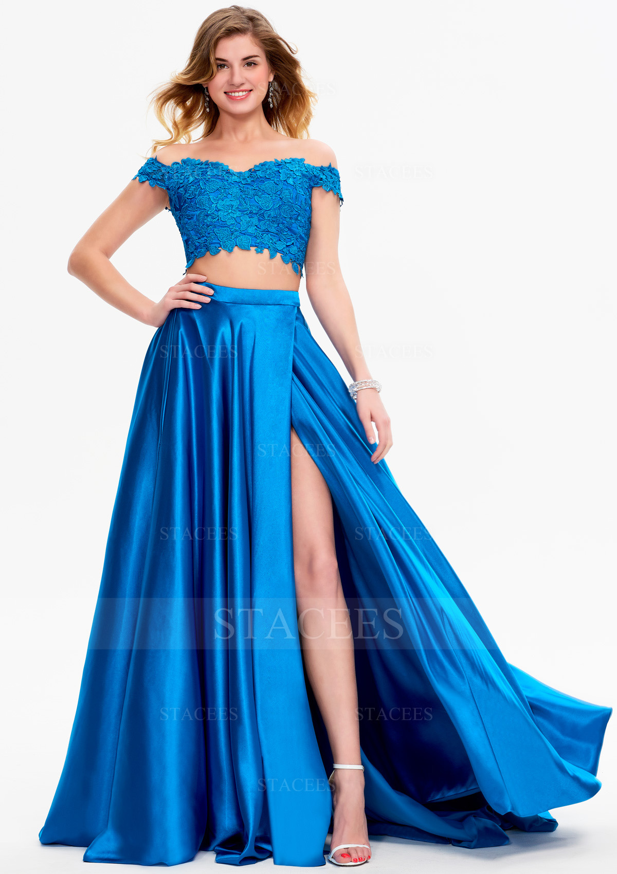 Bleu Océan Robe Trapèze Cache Coeur Dentelle Satin Traîne Balayage Robe de bal avec Fendu - STACEES