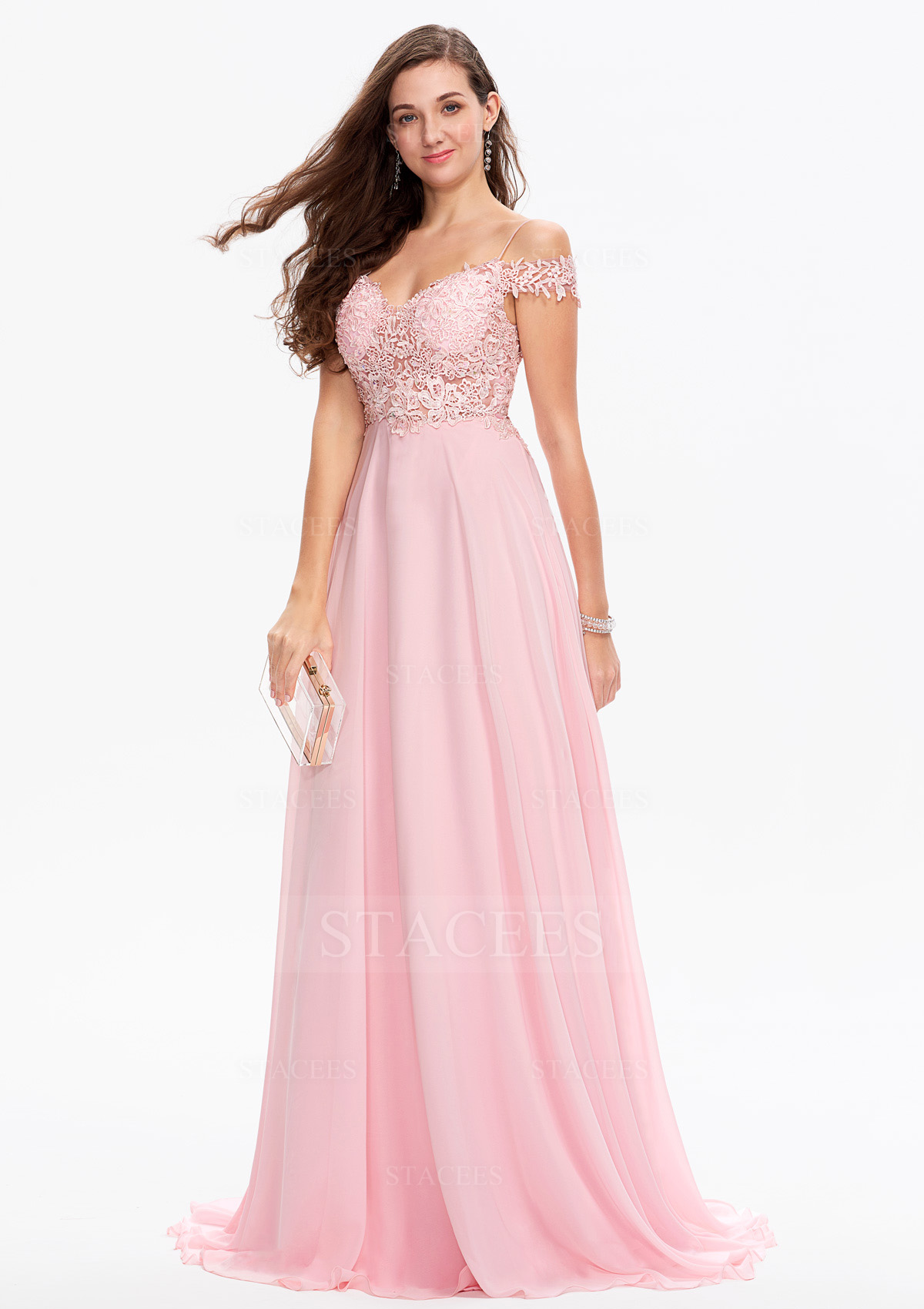 Trapèze épaule dénudée chiffon satin traîne balayage robe de bal avec appliqué