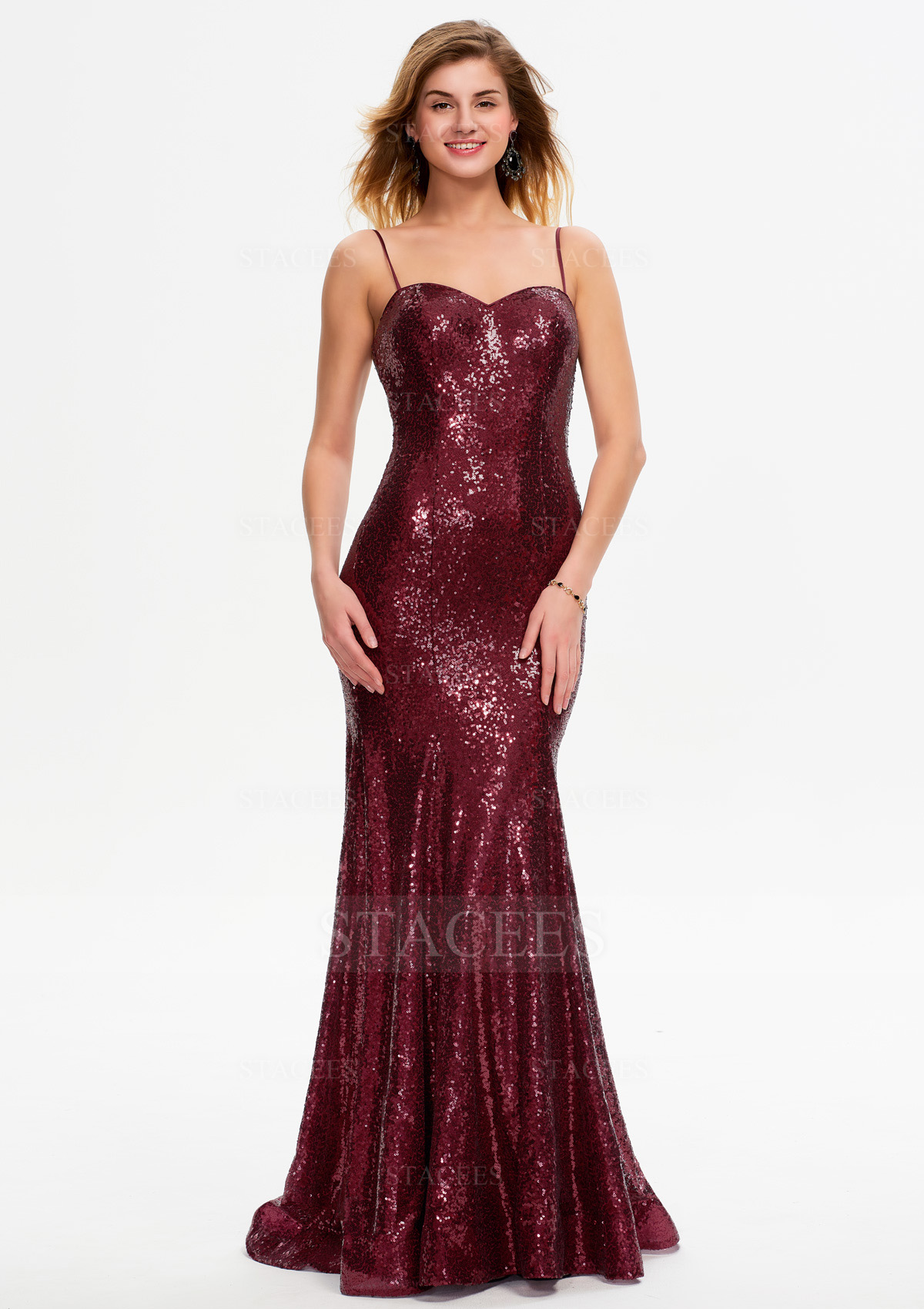 Bordeaux Trumpette/Sirène Cache Coeur Paillettes Traîne Balayage Robe de bal - STACEES