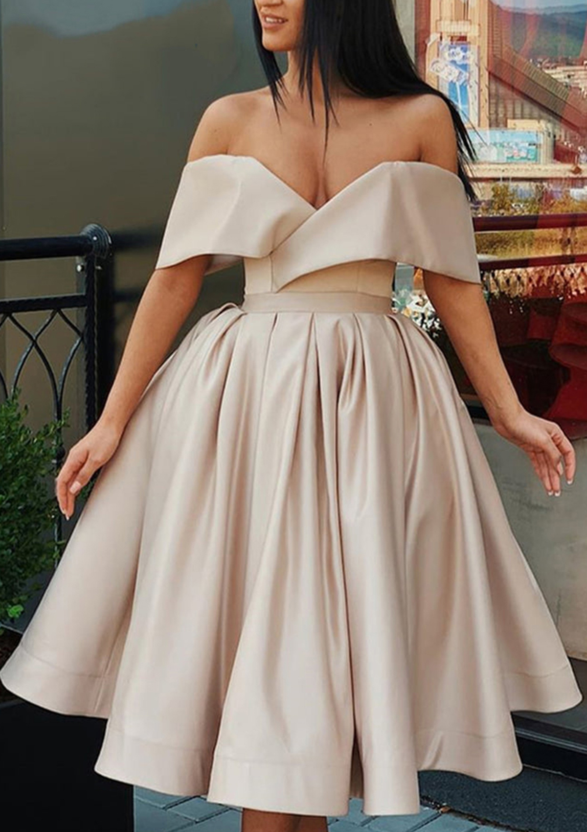 knee length homecoming dresses High neck White Knee-length Short Dress for summer time and shimmering sequined fabric Ball Gown Off-the-Shoulder Sleeveless Satin