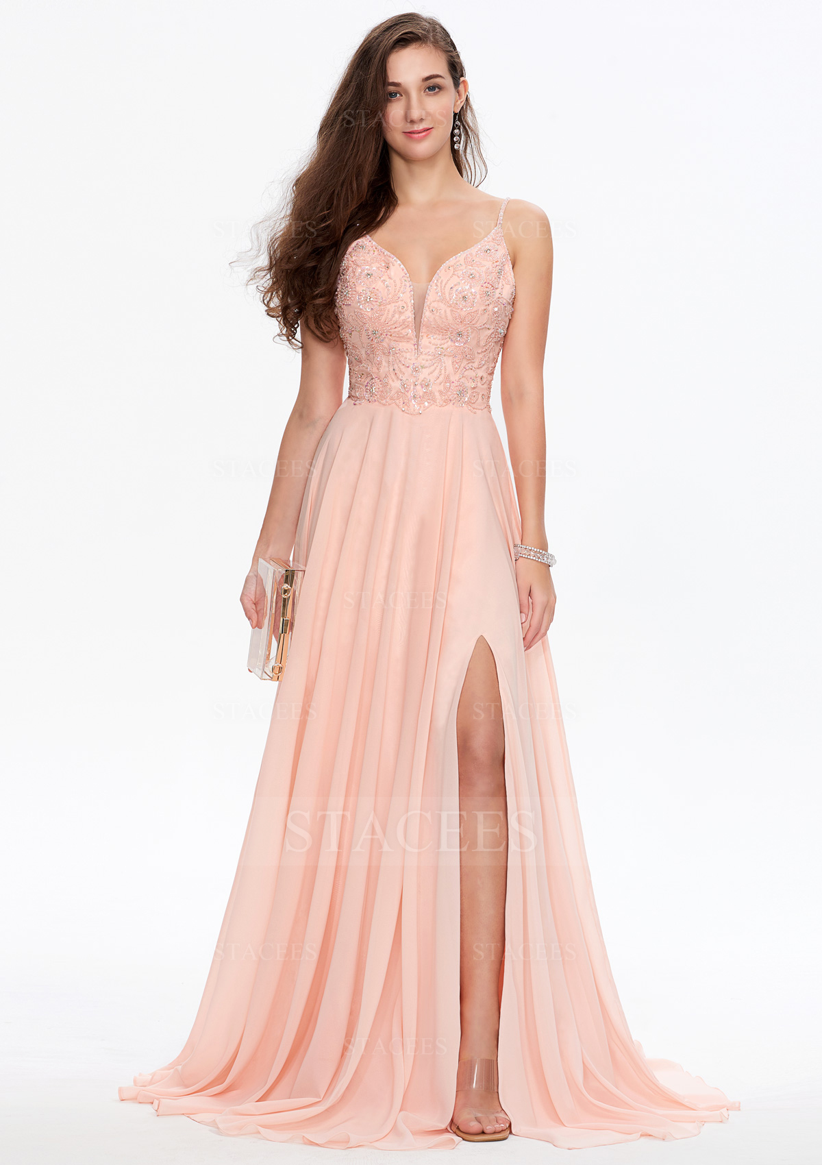 Trapèze col en v mousseline long/ras du sol robe de bal avec beading split sequins 