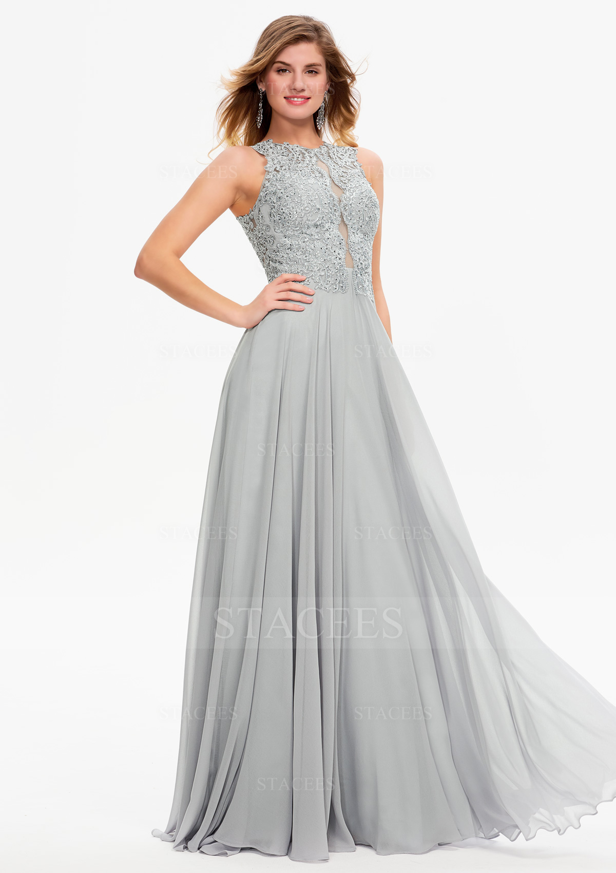 Robe trapèze scoop mousseline longueur ras du sol robe de bal avec dentelle strass