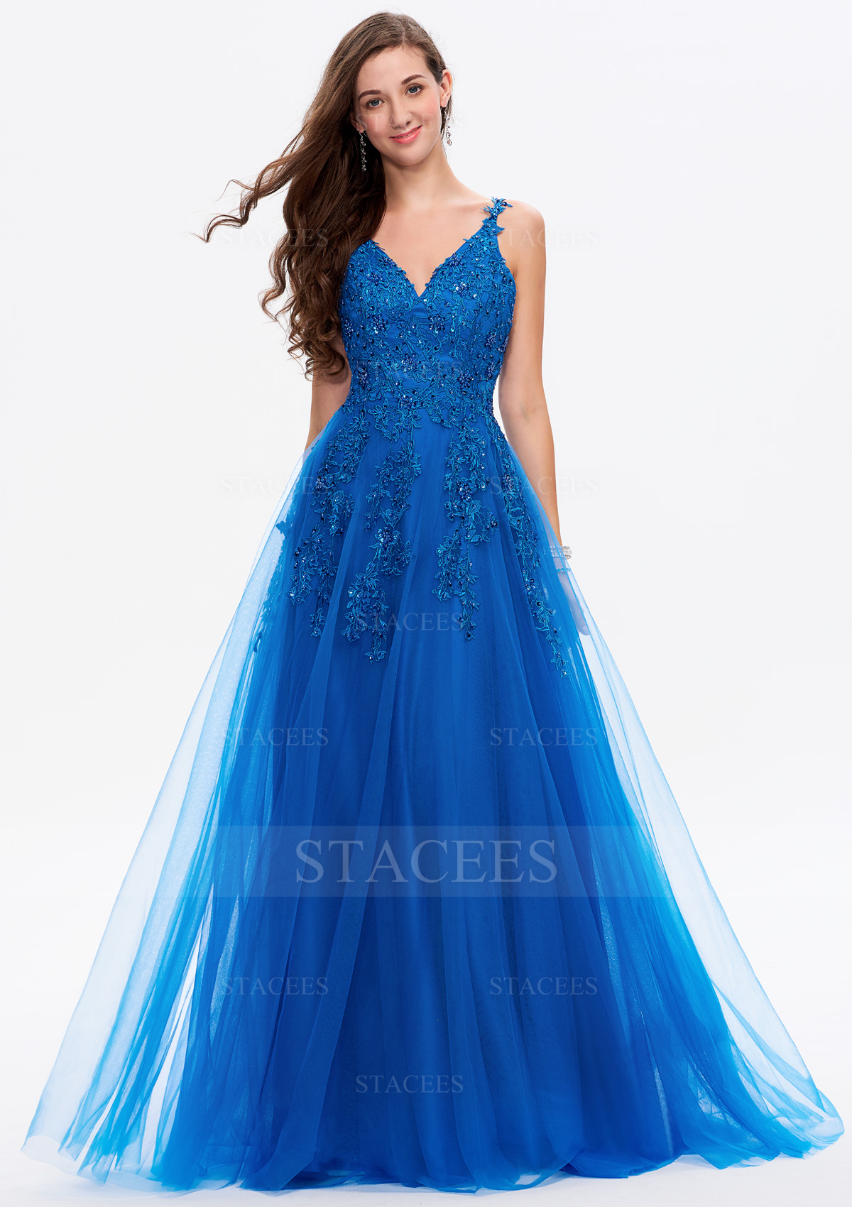 A-line V Neck Sleeveless Tulle Long/Floor-Length Prom Dress With Lace