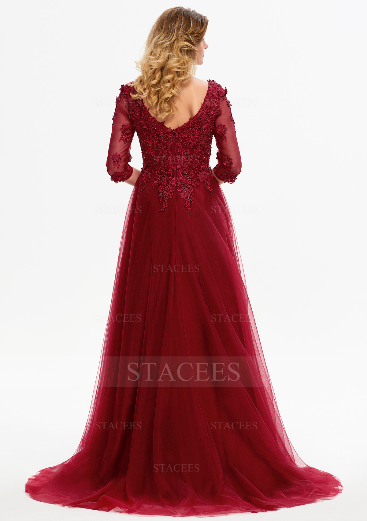 Burgundy A-line Princess Ball Gown V Neck 3/4 Sleeve Tulle Sweep Train Prom Dress With Appliqued - STACEES