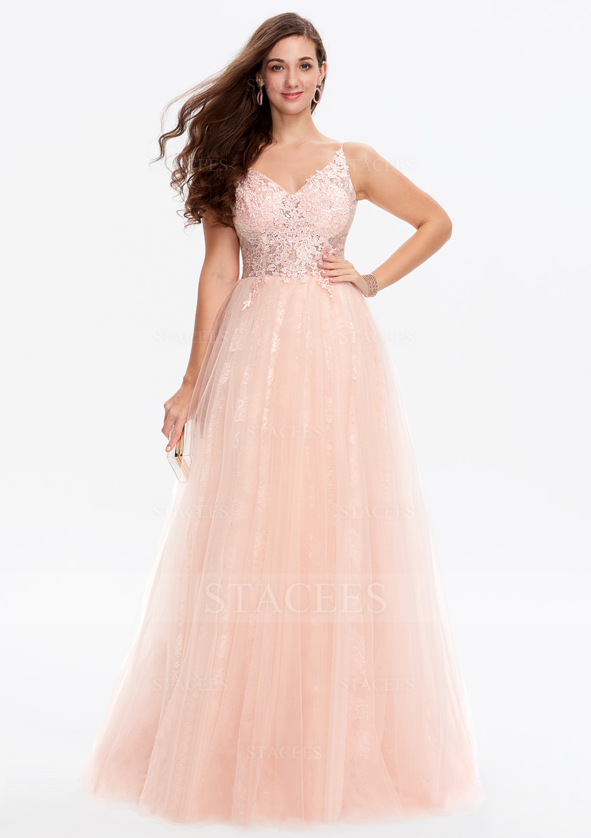 Princess a-line col en v lace tulle satin traîne balayage robe de bal