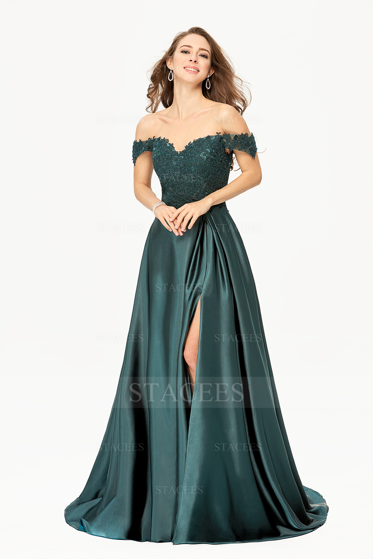 As Picture A-line Off-the-Shoulder Sleeveless Charmeuse Court Train Prom Dress With Lace Split - STACEES