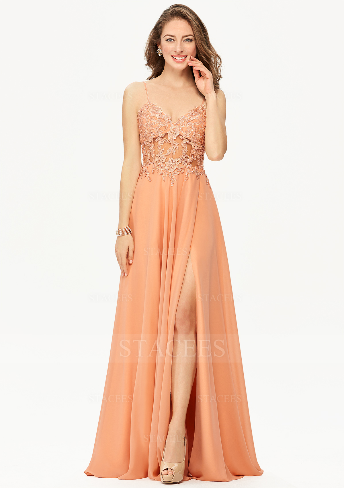 A-line V Neck Sleeveless Chiffon Long/Floor-Length Prom Dress With Appliqued Split Sequins Beading