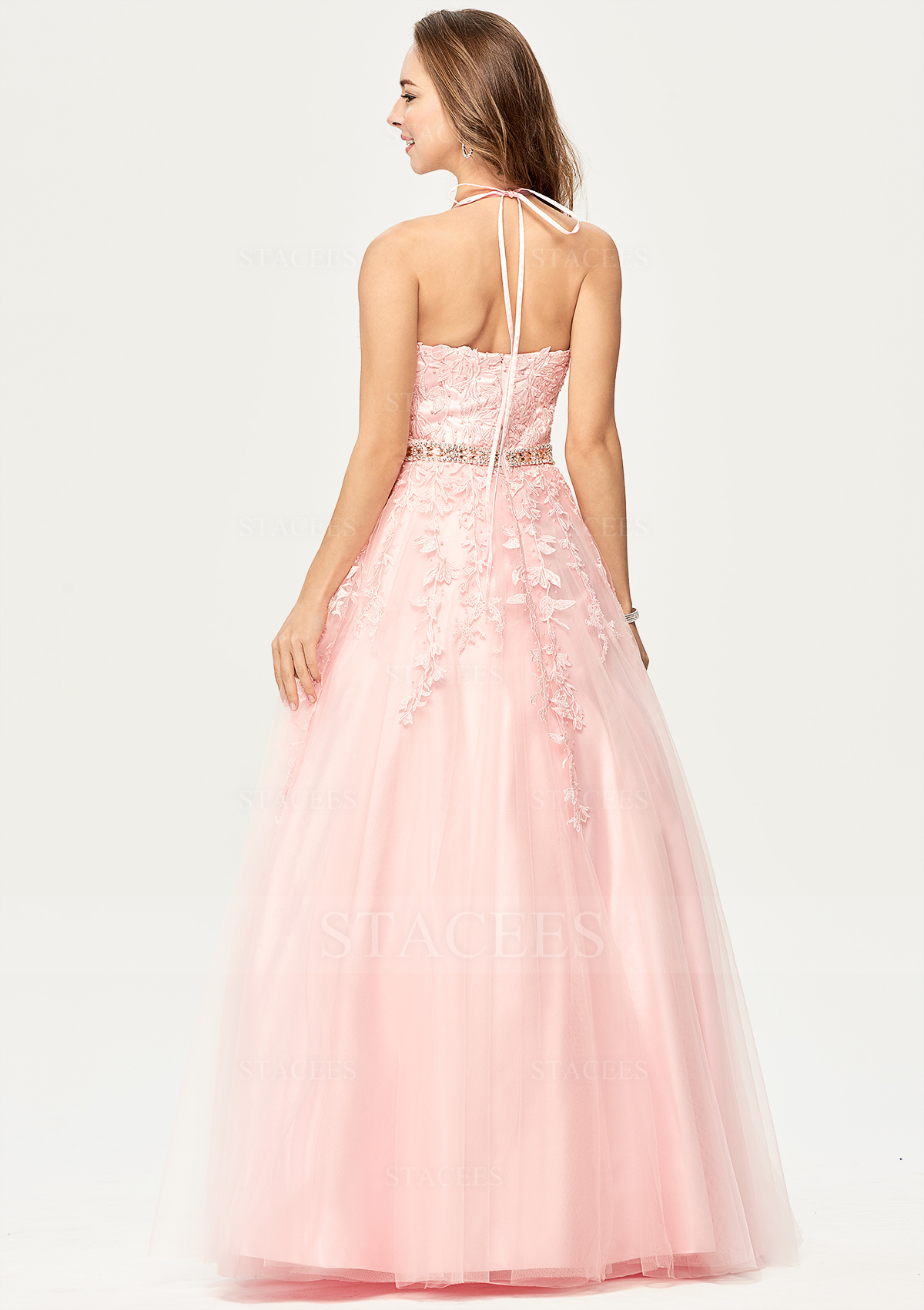 Blushing Pink Princess Ball Gown Halter Sleeveless Tulle Satin Long/Floor-Length Prom Dress With Lace Beading - STACEES