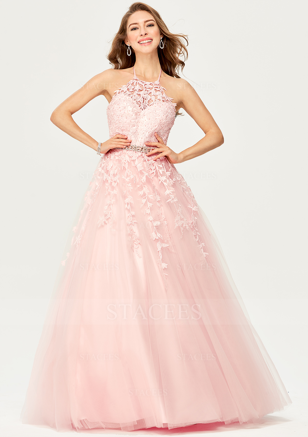 Blushing Pink Princess Ball Gown Halter Sleeveless Tulle Satin Long/Floor-Length Prom Dress With Lace Beading - STACEES