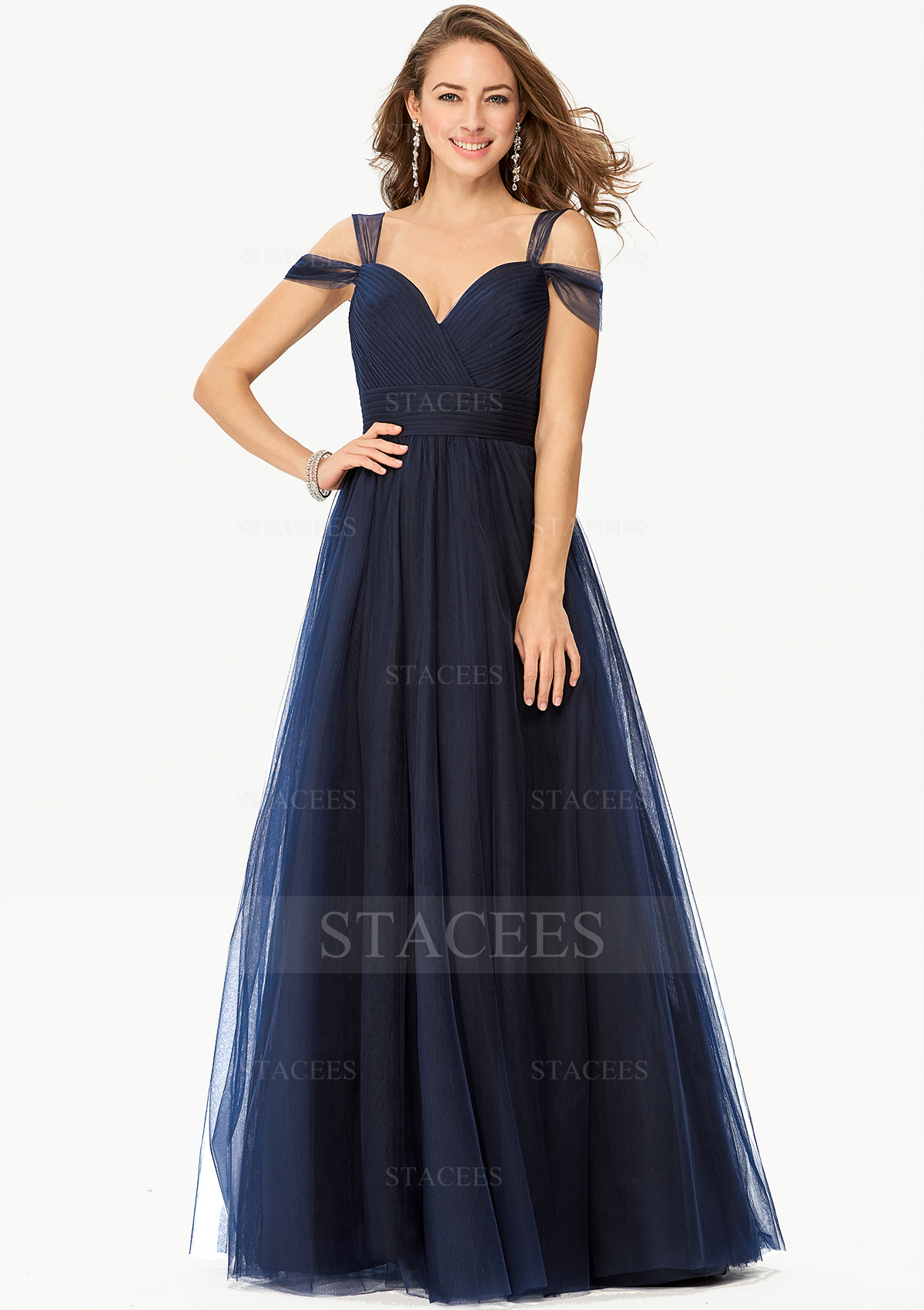 Bleu marine foncé Robe trapèze col en v tulle satin longueur ras du sol robe de bal avec plissé - STACEES