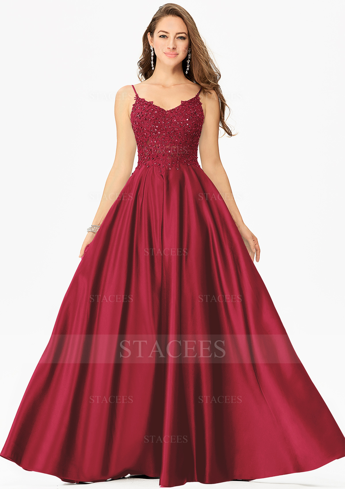 Robe trapèze col en v satin longueur ras du sol robe de bal avec perle dentelle poches paillettes
