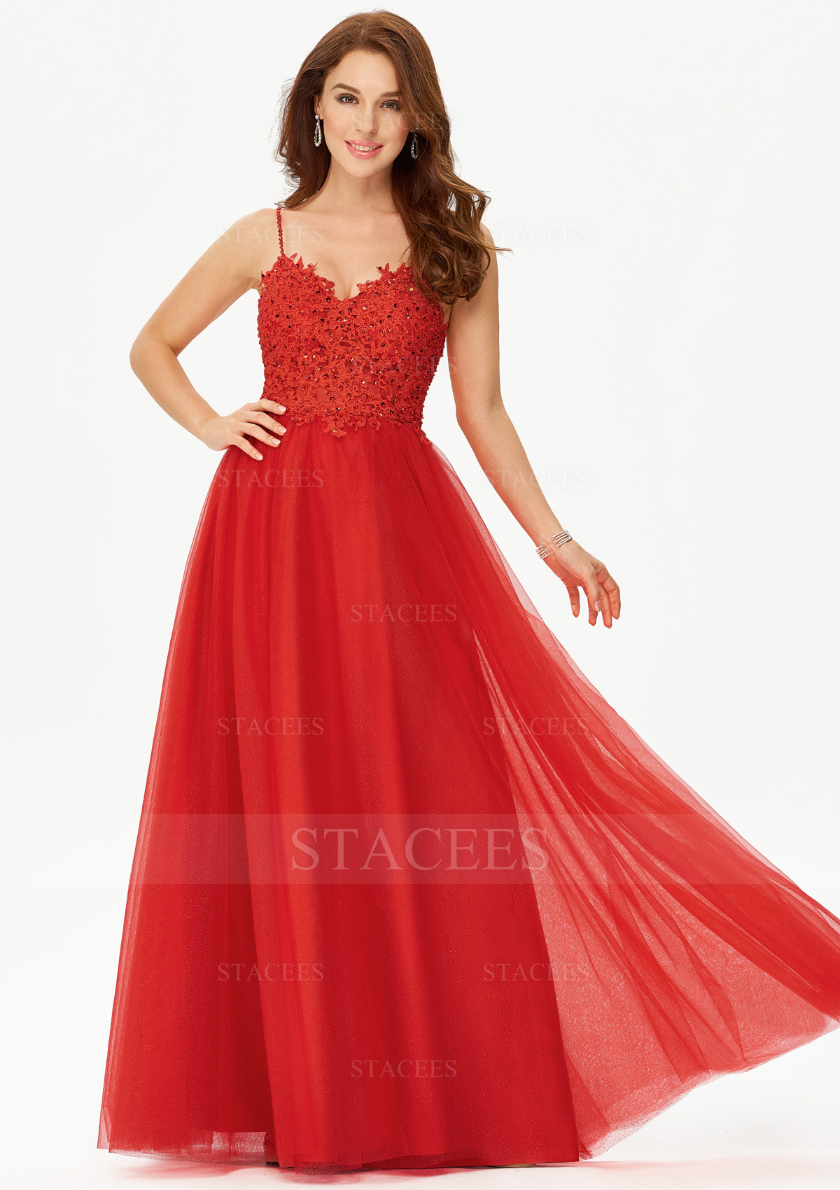 Rouge Trapèze coeur satin tulle long/ras du sol robe de bal avec appliqued beading - STACEES