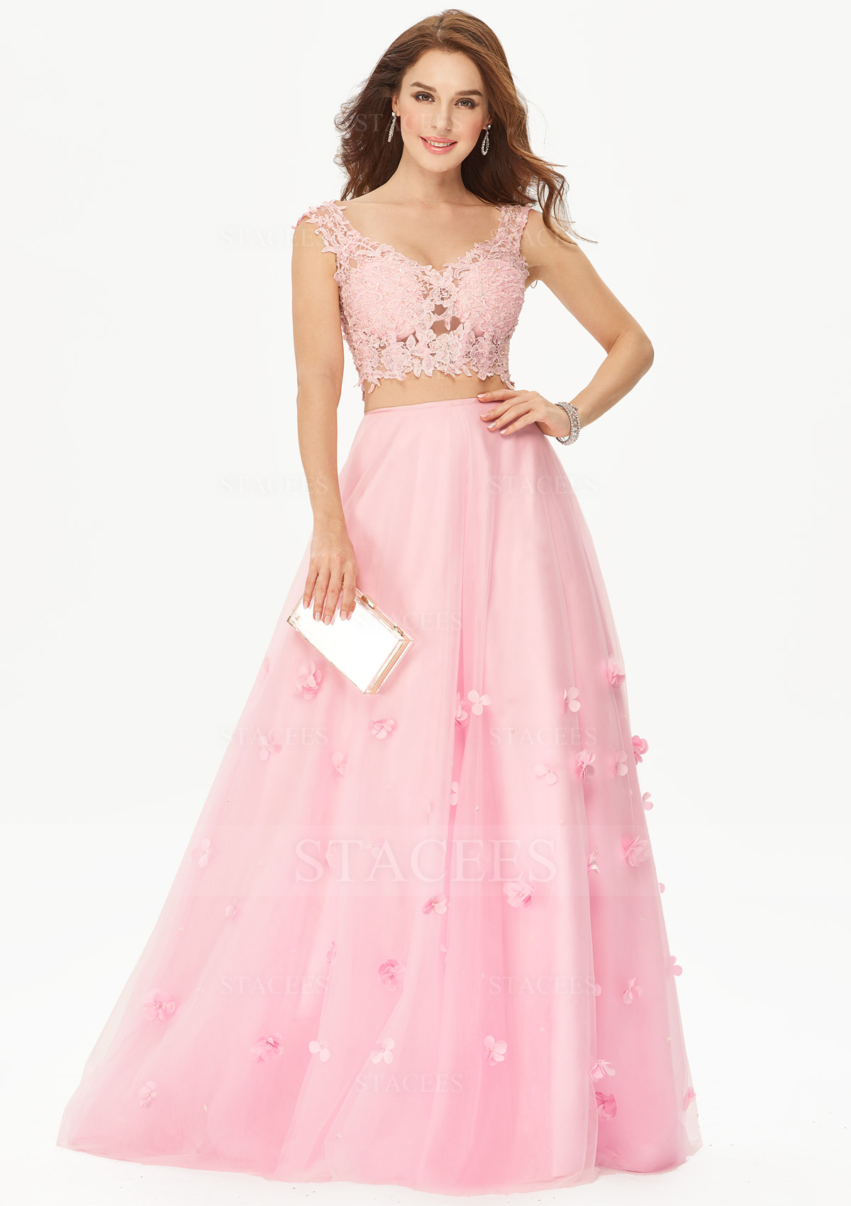 Robe trapèze robe princesse col en v dentelle tulle satin longueur ras du sol robe de bal