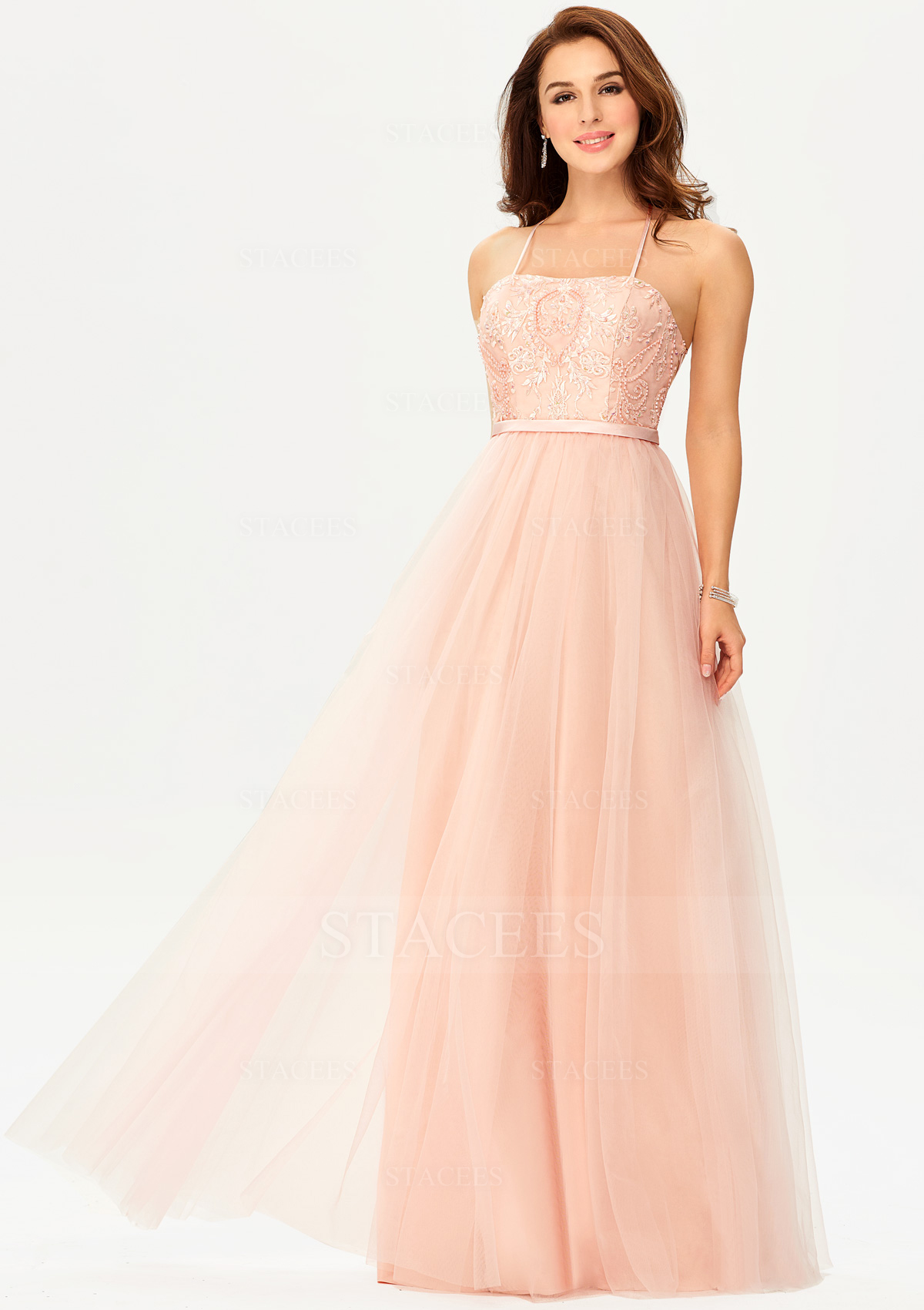 Rose Ballet Robe trapèze col festonné tulle satin longueur ras du sol robe de bal avec appliqué perle - STACEES