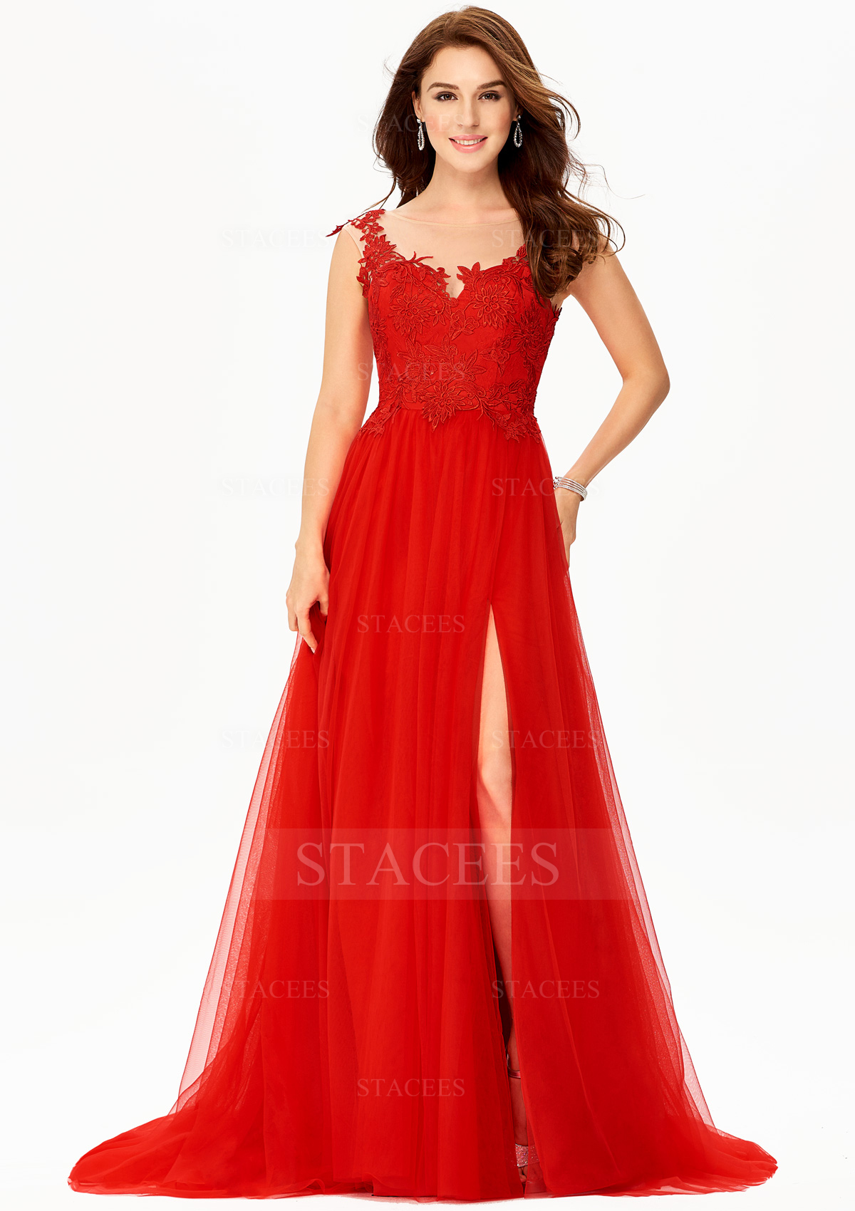 A-line Illusion Neck Sleeveless Tulle Court Train Prom Dress With Split Lace