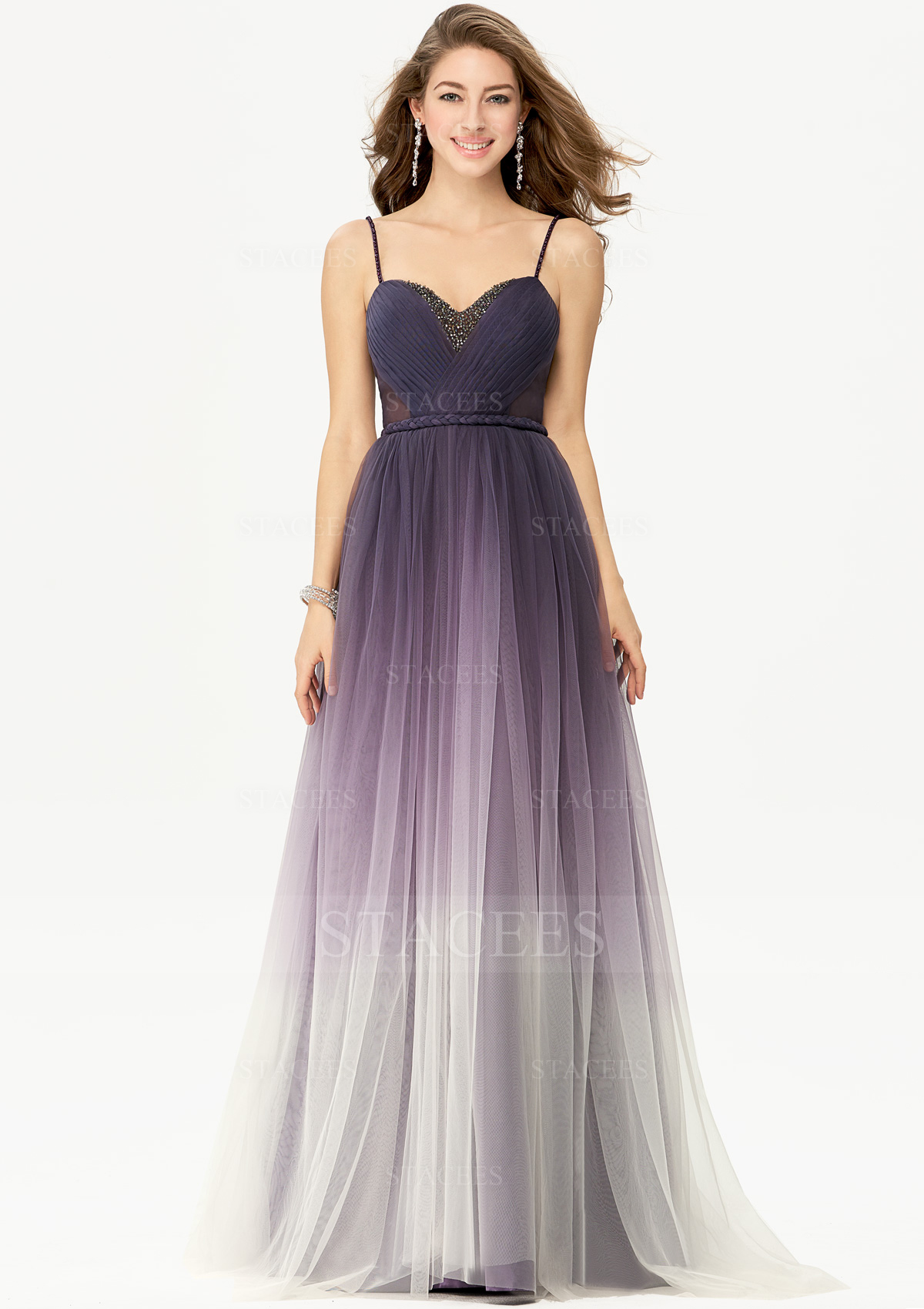 Ombre Robe Trapèze Cache Coeur Tulle Satin Traîne Balayage Robe de bal avec Perle Plissé - STACEES