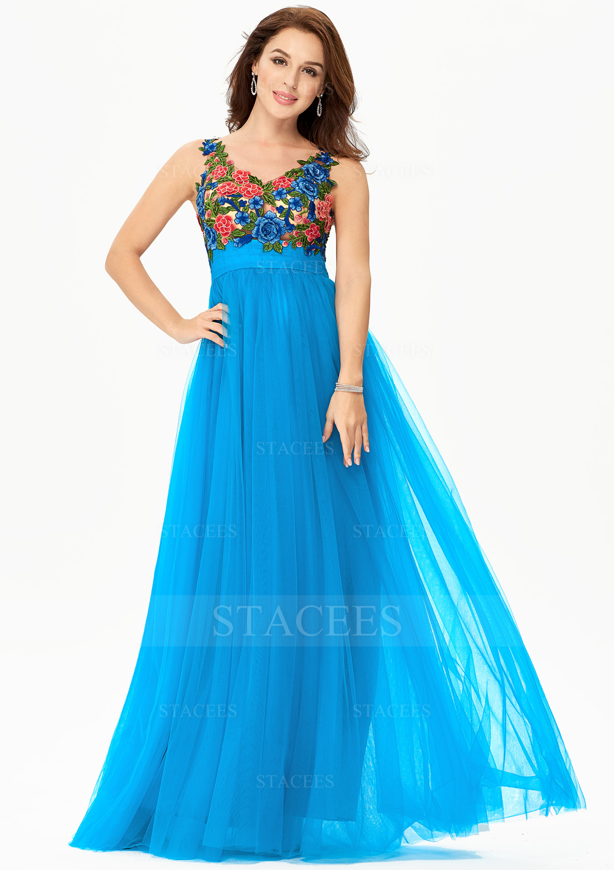 A-line V Neck Sleeveless Tulle Long/Floor-Length Prom Dress With Appliqued