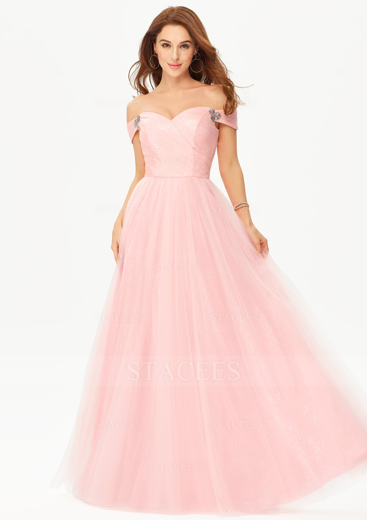 Blushing Pink Princess A-line Off-the-Shoulder Sleeveless Tulle Satin Long/Floor-Length Prom Dress With Glitter Sequins Pleated Beading - STACEES