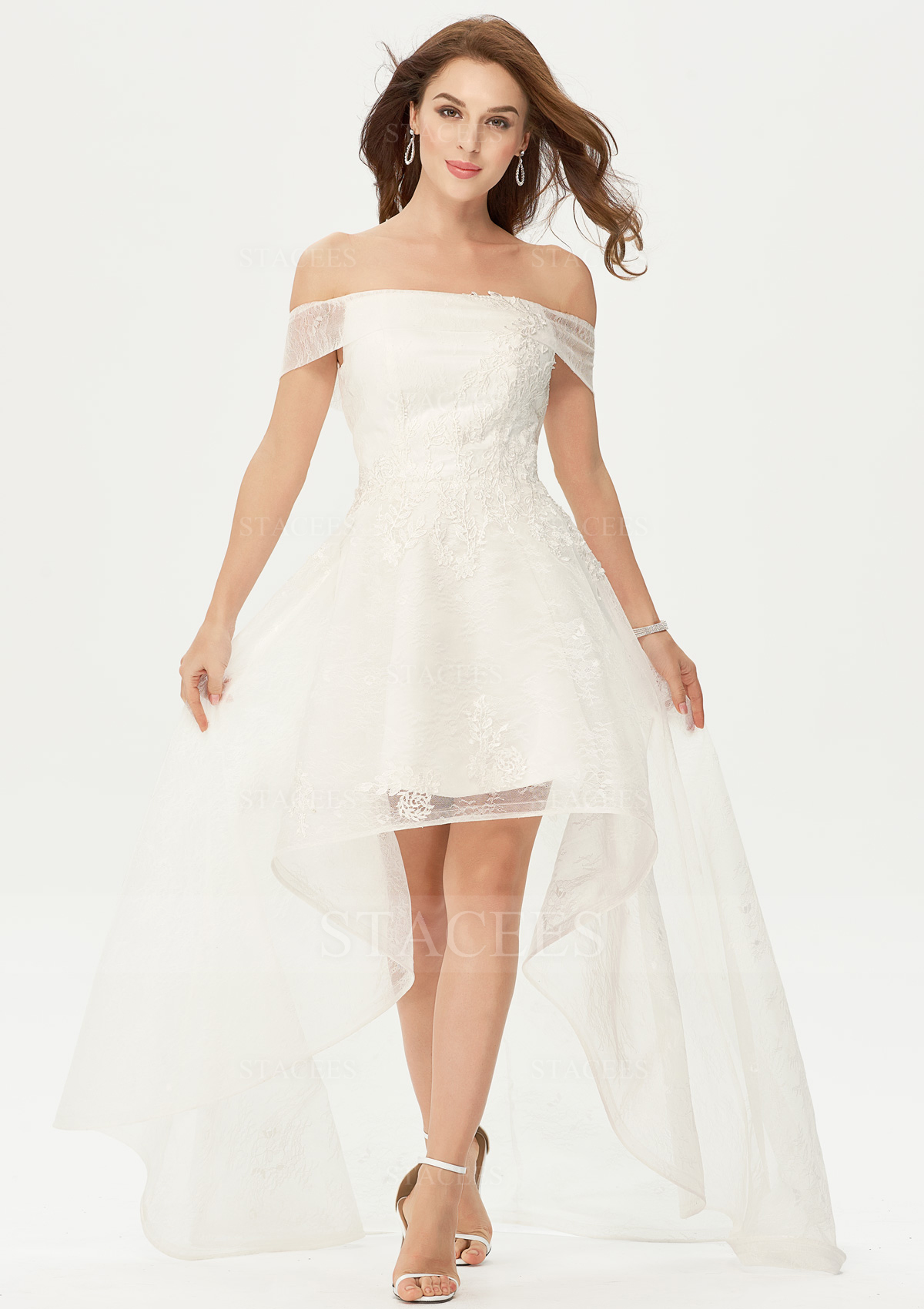 A-line Princess Off-the-Shoulder Sleeveless Lace Tulle Satin Asymmetrical Prom Dress