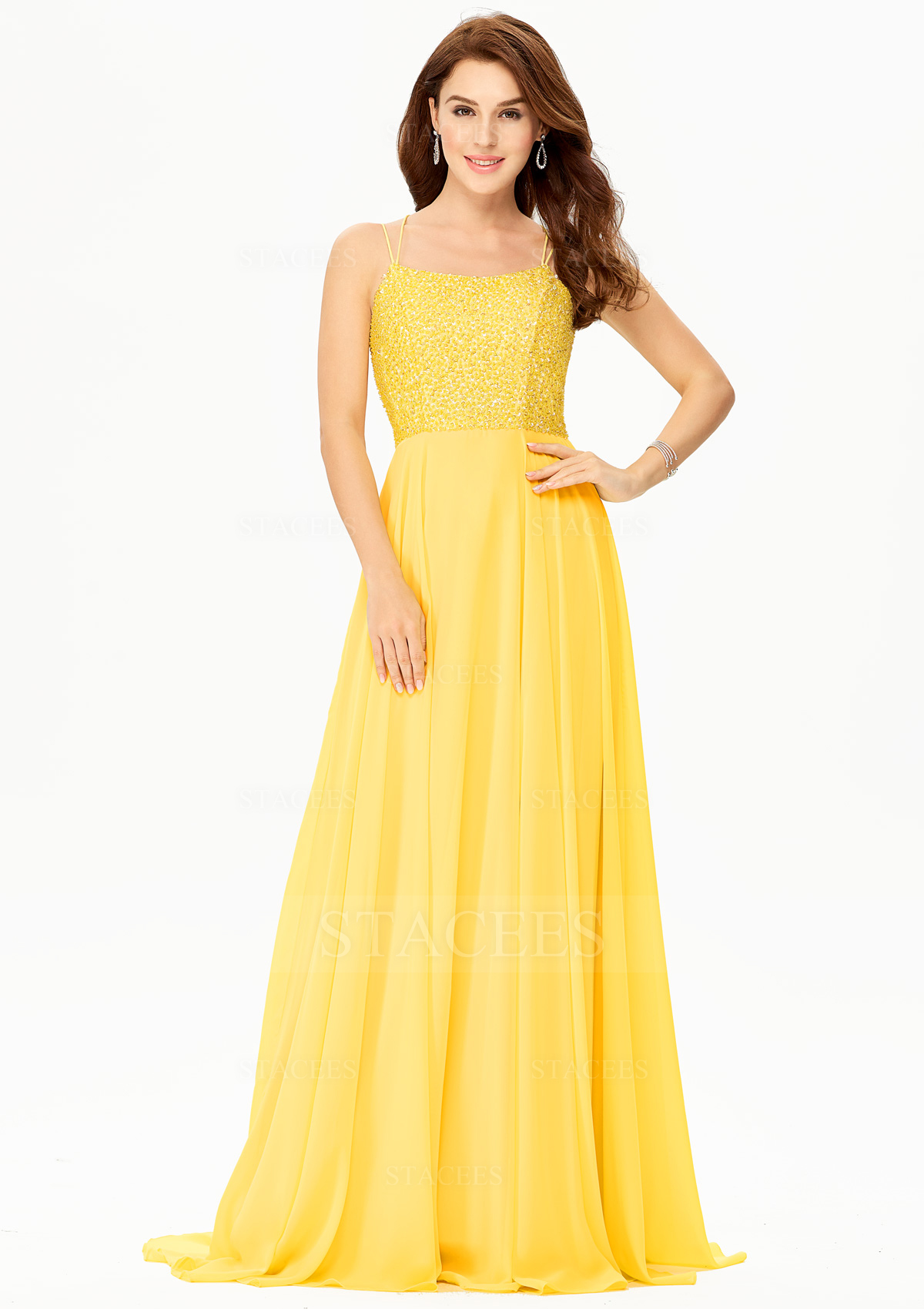 Robe trapèze scoop mousseline longueur ras du sol robe de bal avec paillettes