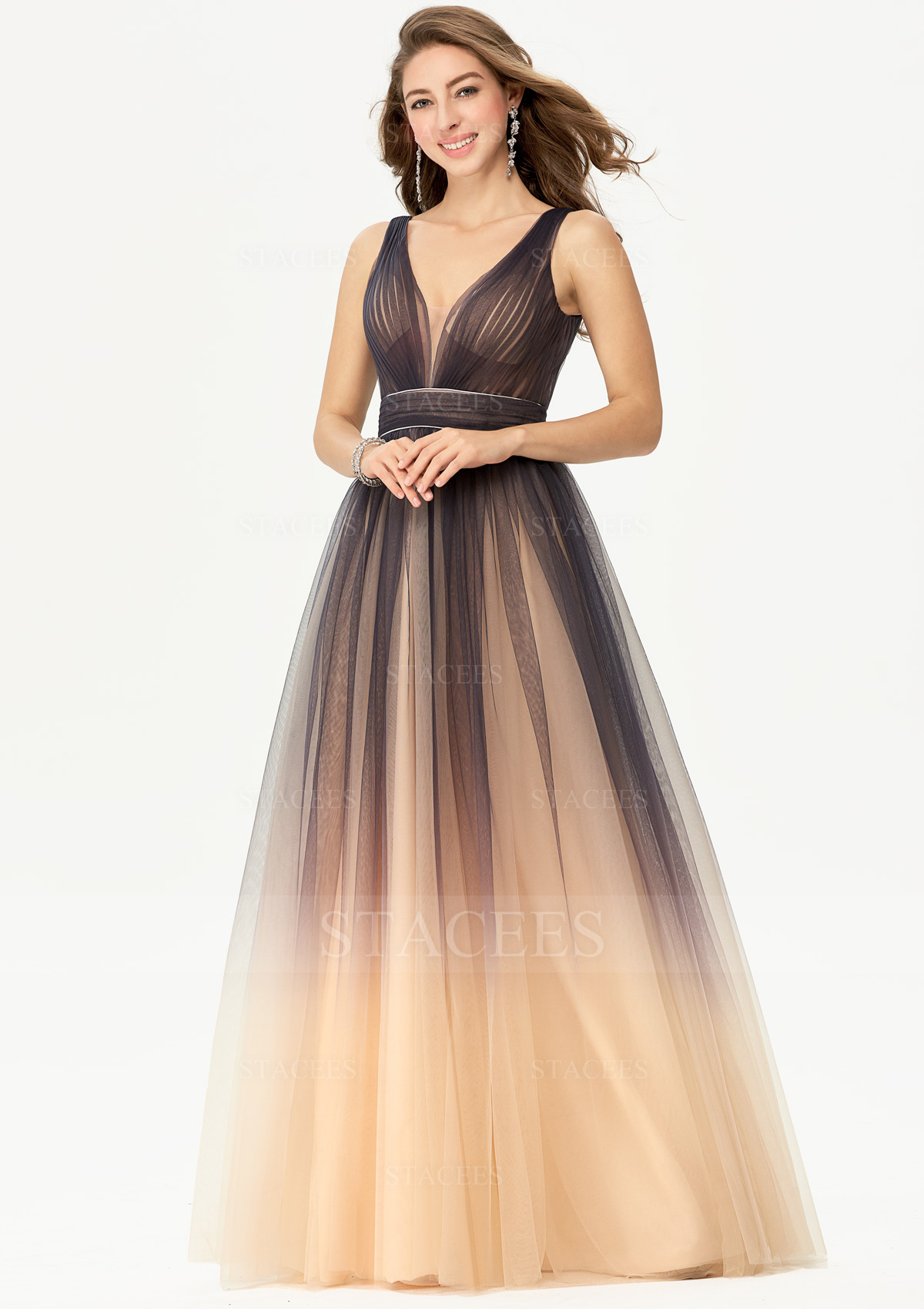 As Picture Ball Gown Princess V Neck Sleeveless Tulle Long/Floor-Length Prom Dresses With Pleated - STACEES