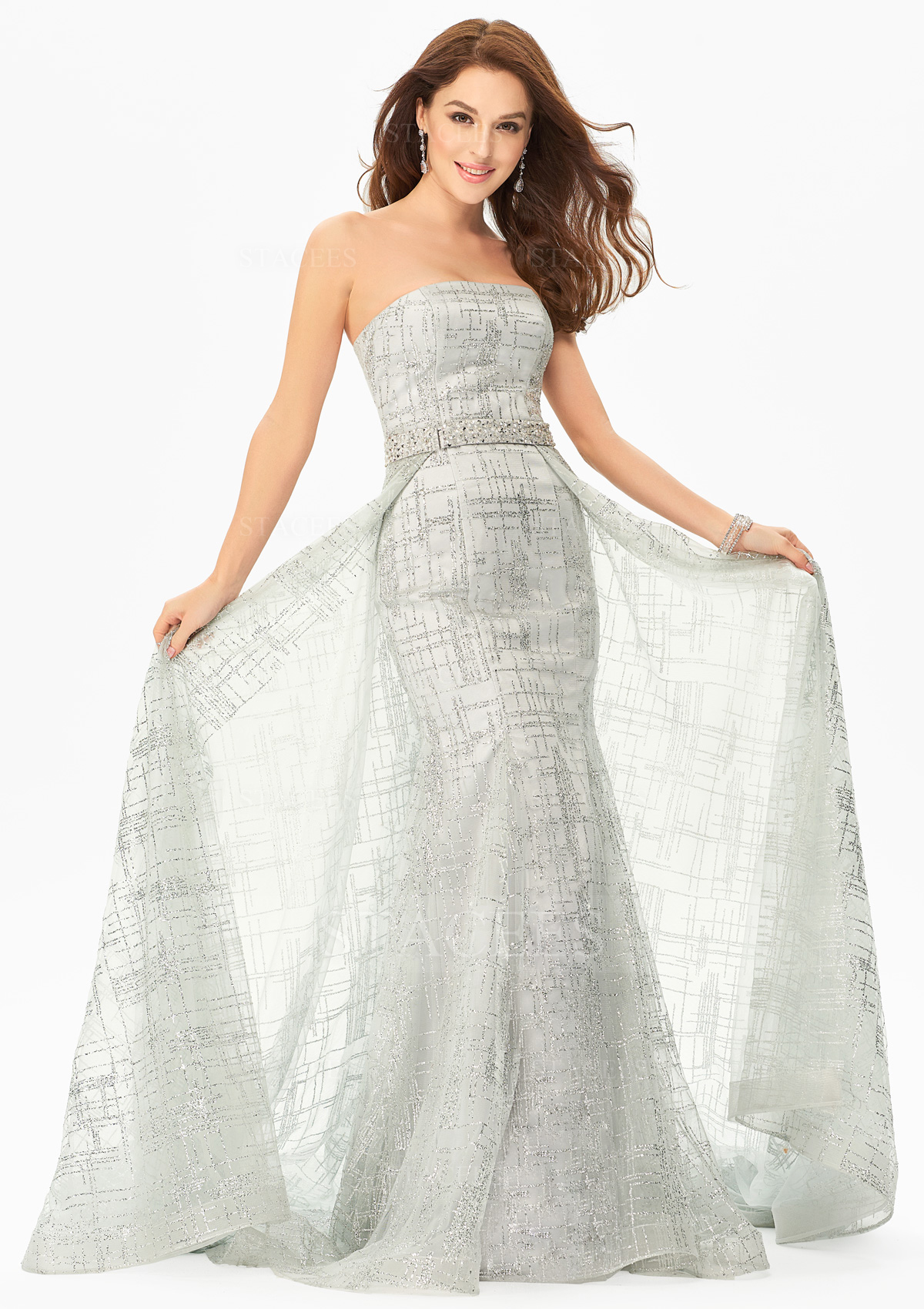 Argent Trumpette/Sirène tulle satin amovible/abattable robe de bal avec brillant - STACEES