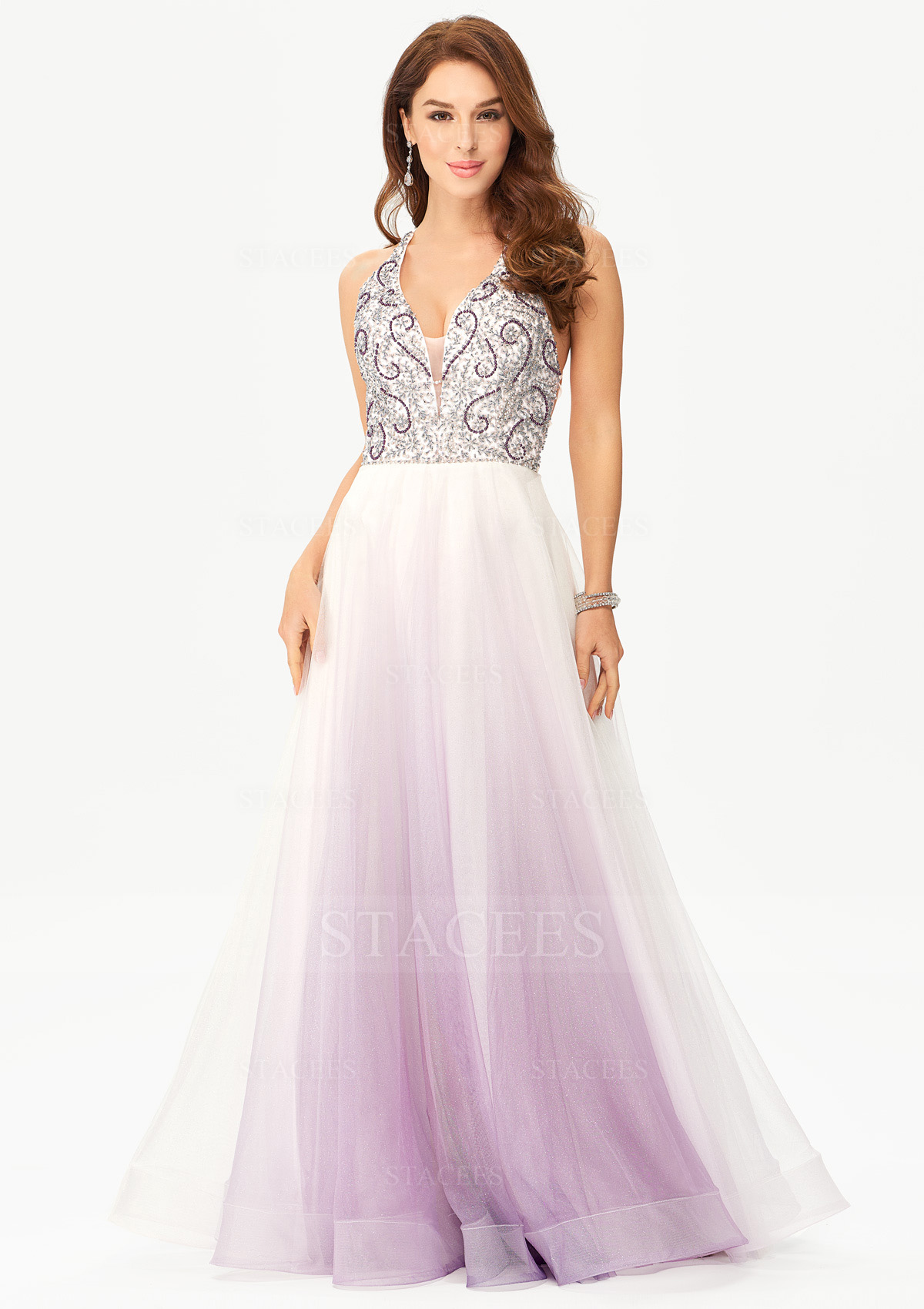 As Picture A-line V Neck Sleeveless Tulle Satin Long/Floor-Length Prom Dress With Beading Crystal Glitter - STACEES