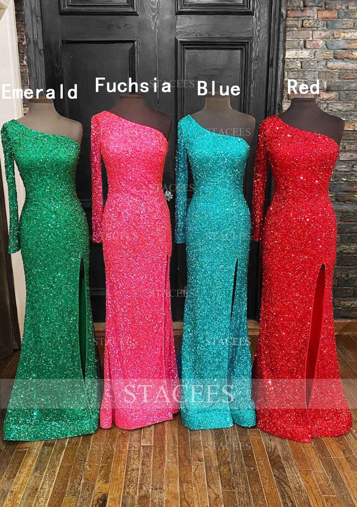 Emerald Sheath/Column One-Shoulder Full/Long Sleeve Velvet Sequins Long/Floor-Length Prom Dress With Split - STACEES