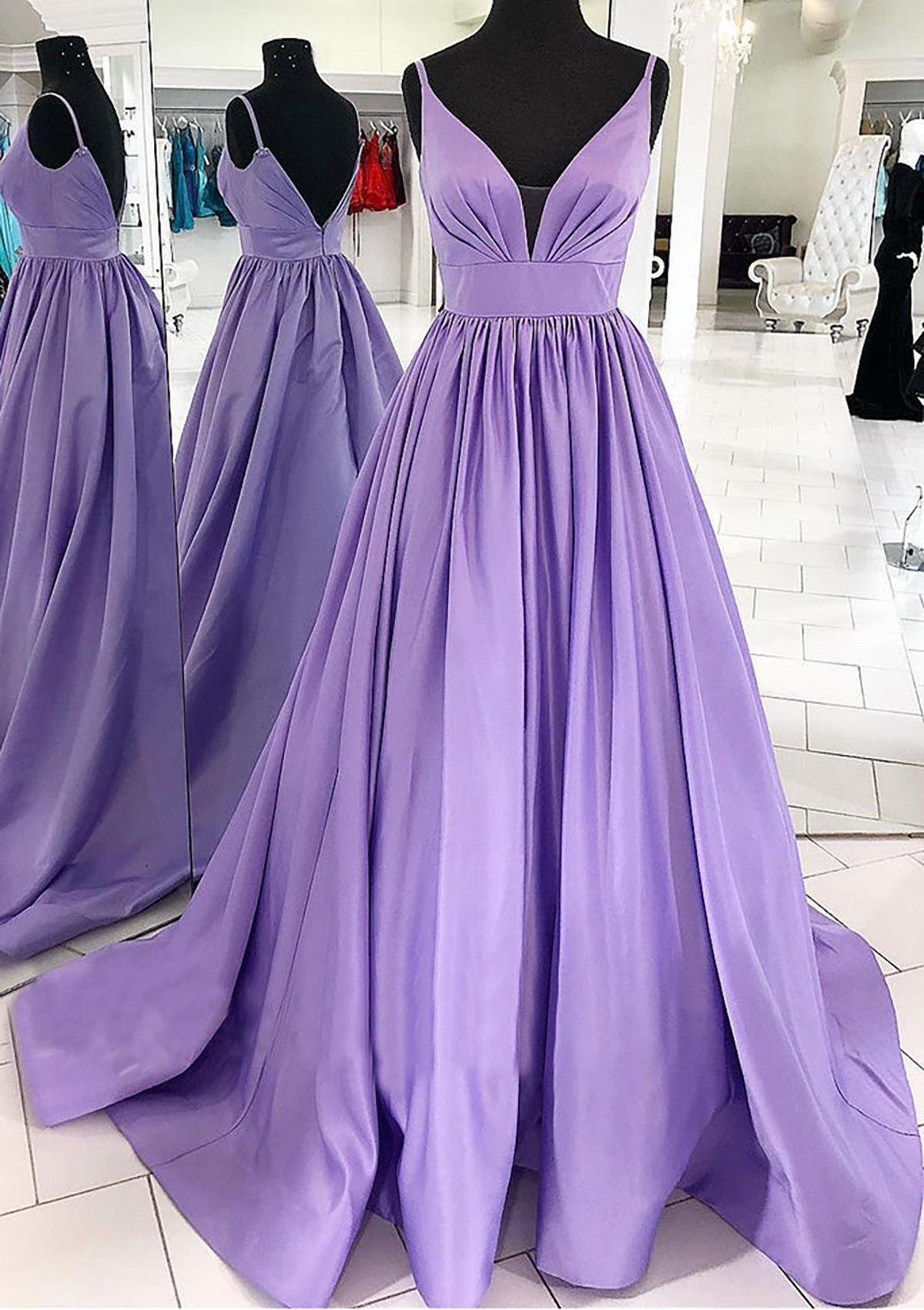 Tahiti V Neck A-line Satin Sweep Train Prom Dress With Pleated - STACEES