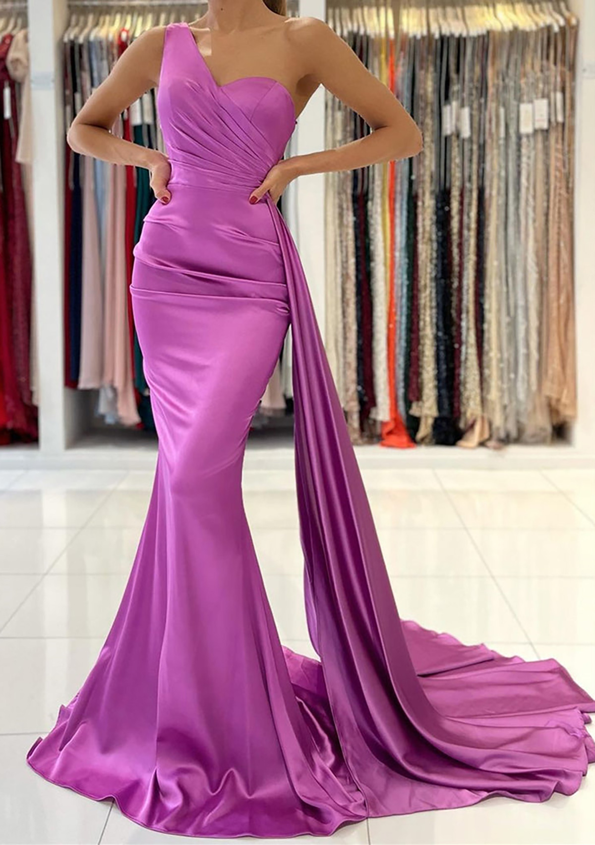 As Picture Trumpet/Mermaid One-Shoulder Sleeveless Sweep Train Satin Prom Dress With Pleated - STACEES