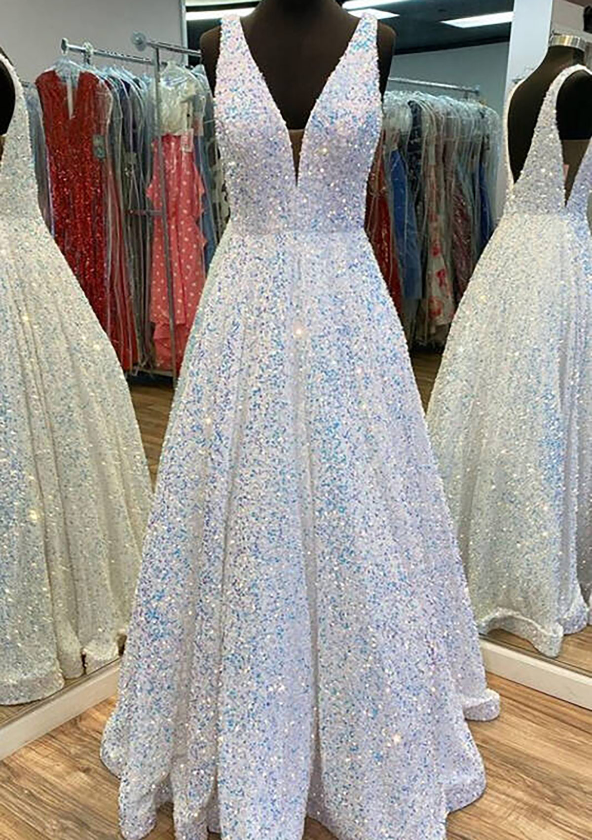 As Picture Princess A-line V Neck Sleeveless Velvet Sequins Long/Floor-Length Prom Dress With Pockets - STACEES