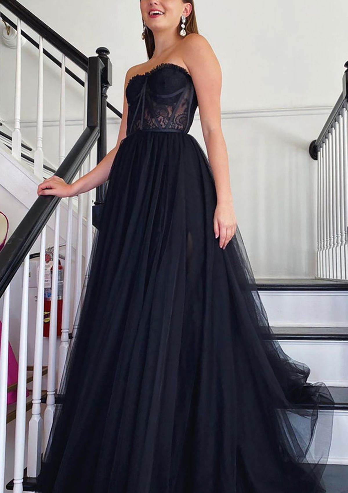 strapless tulle dress Layered Gown CB142 – Sparkly Gowns transparent corset bustier and a puffy tulle midi skirt Long Sleeve Strapless Floral Off