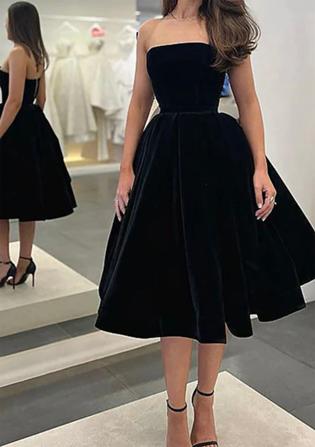 Black A-line Bateau Strapless Tea-Length Velvet Prom Dress - STACEES